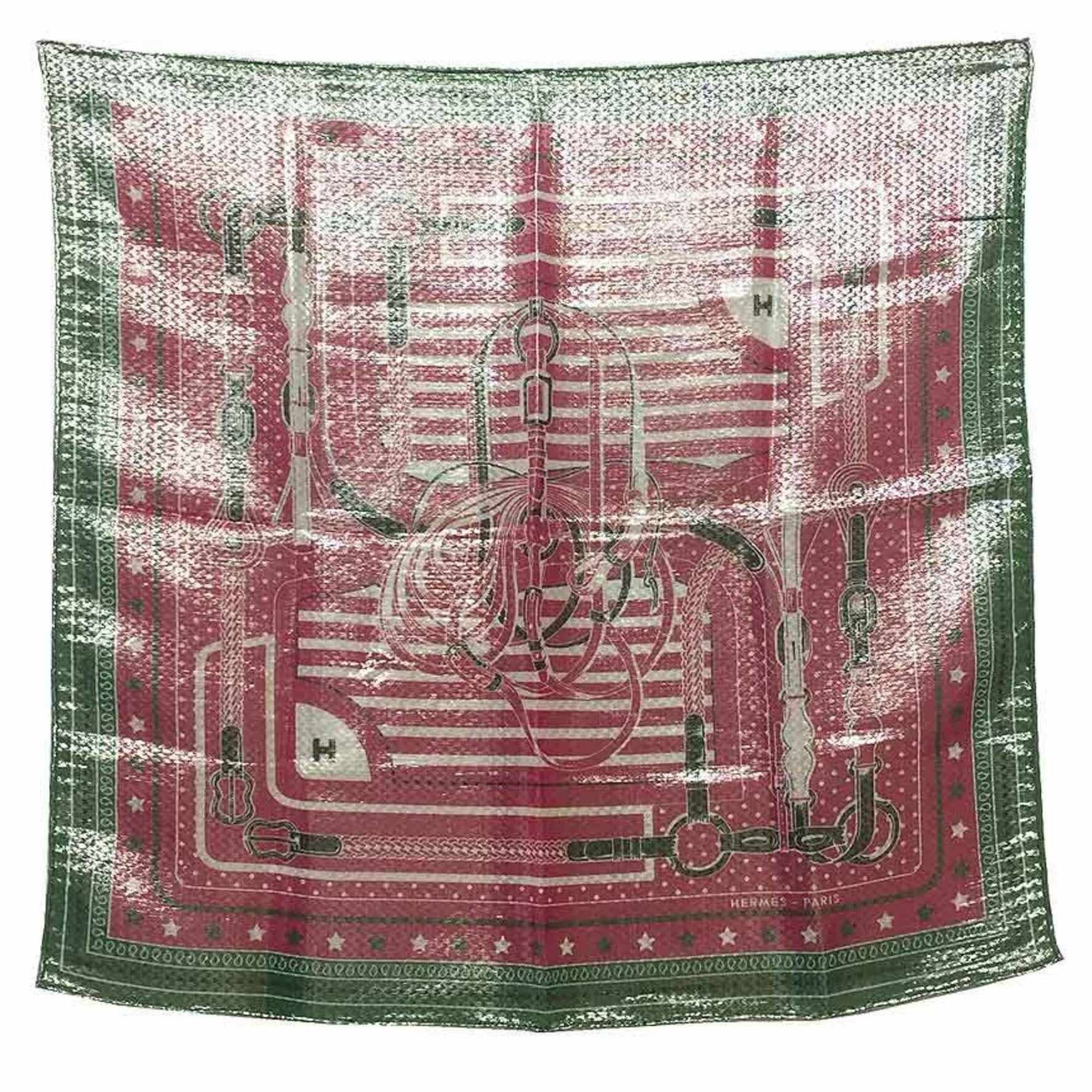 HERMES Scarf Muffler Bandana Carre 55 Disco Coaching Metallic Fiber Fuchsia x Veil (Pink Green) Silk