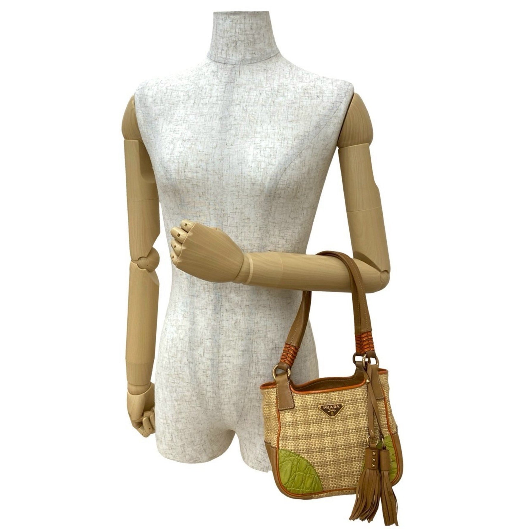 Prada Triangle Logo Hardware Raffia Leather Studs Tassel Handbag Mini Tote Bag Beige