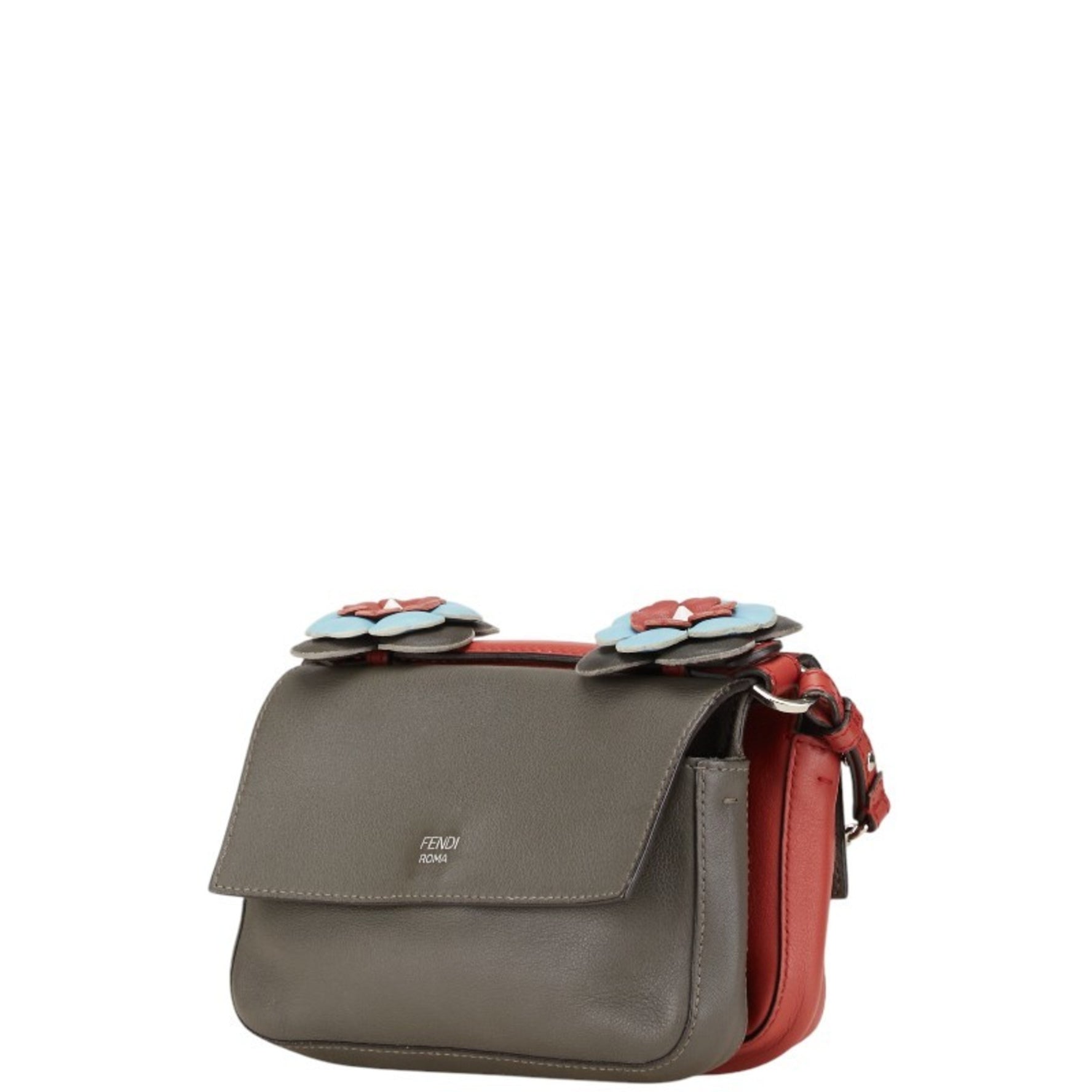 FENDI Double Micro Bucket Handbag Chain Shoulder Bag Red Multicolor Leather