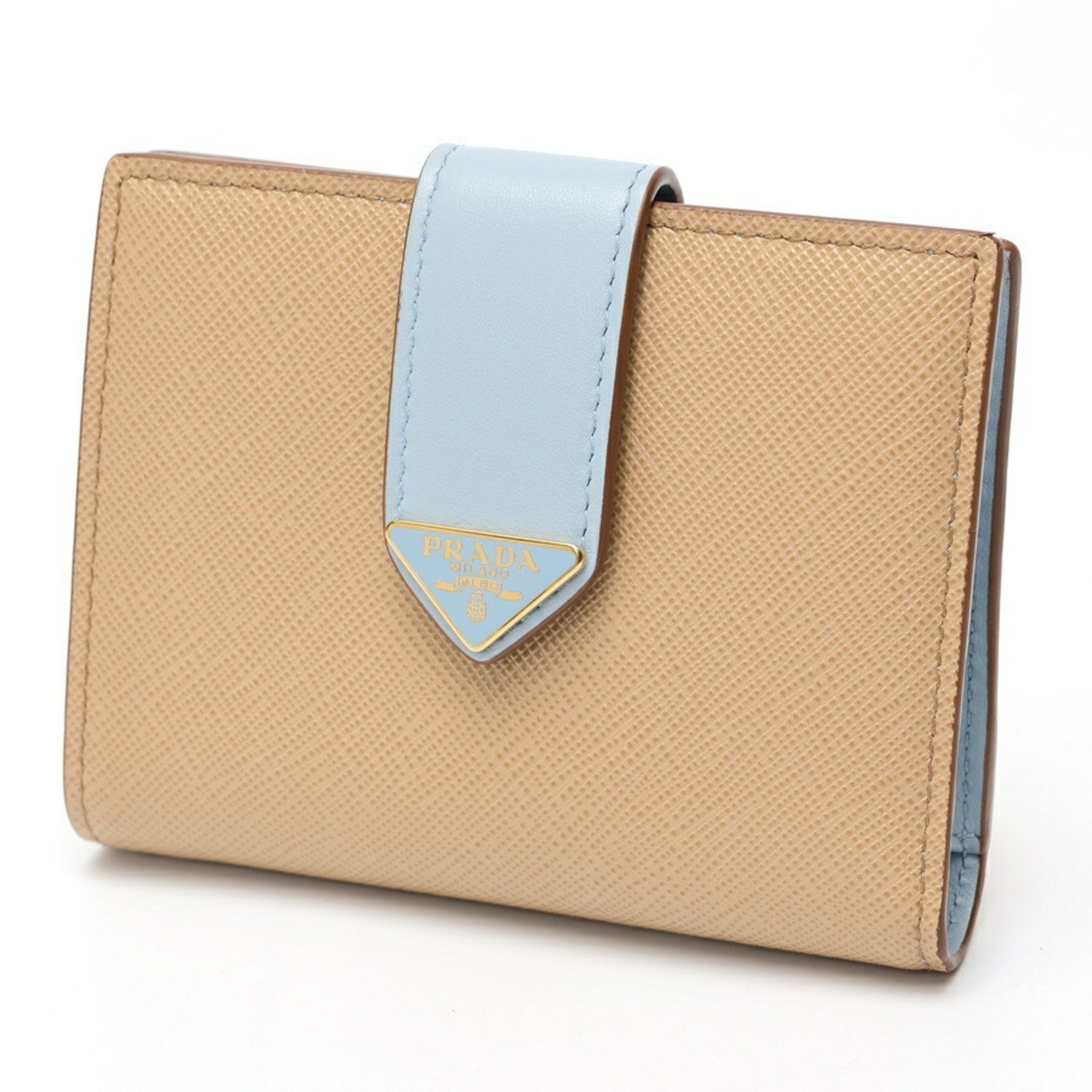 PRADA Saffiano Tab Folding Wallet Triangle Leather Beige Light Blue
