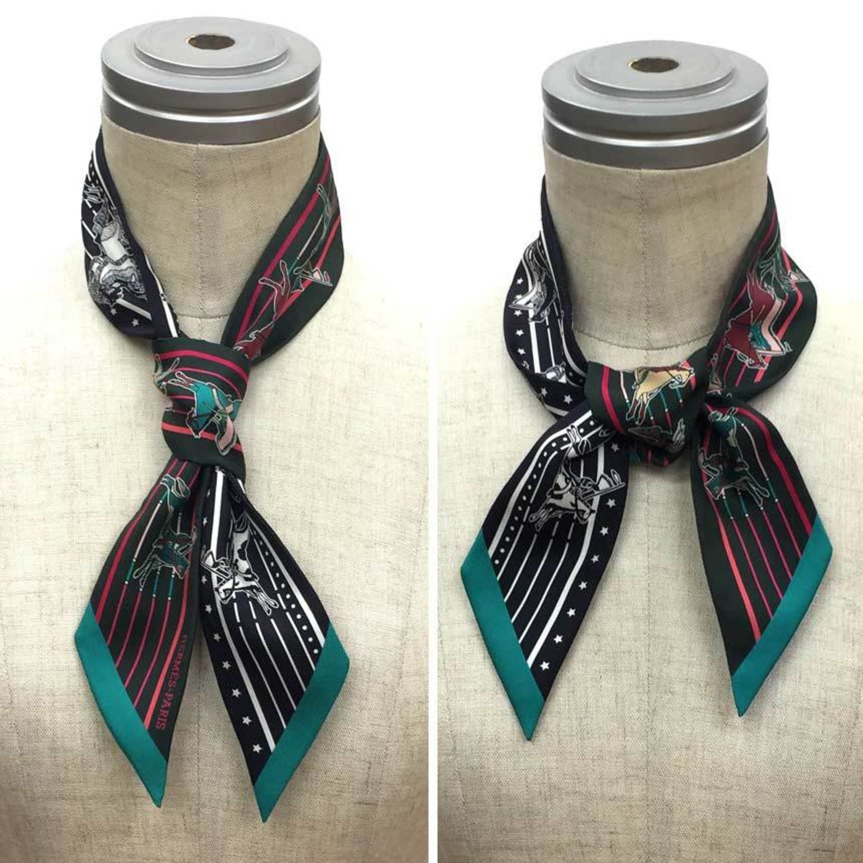 HERMES Twilly Pani La Shar Pawnee Chief of the Scarf Vert Fonc/Rose Vif/Noir 100% Silk