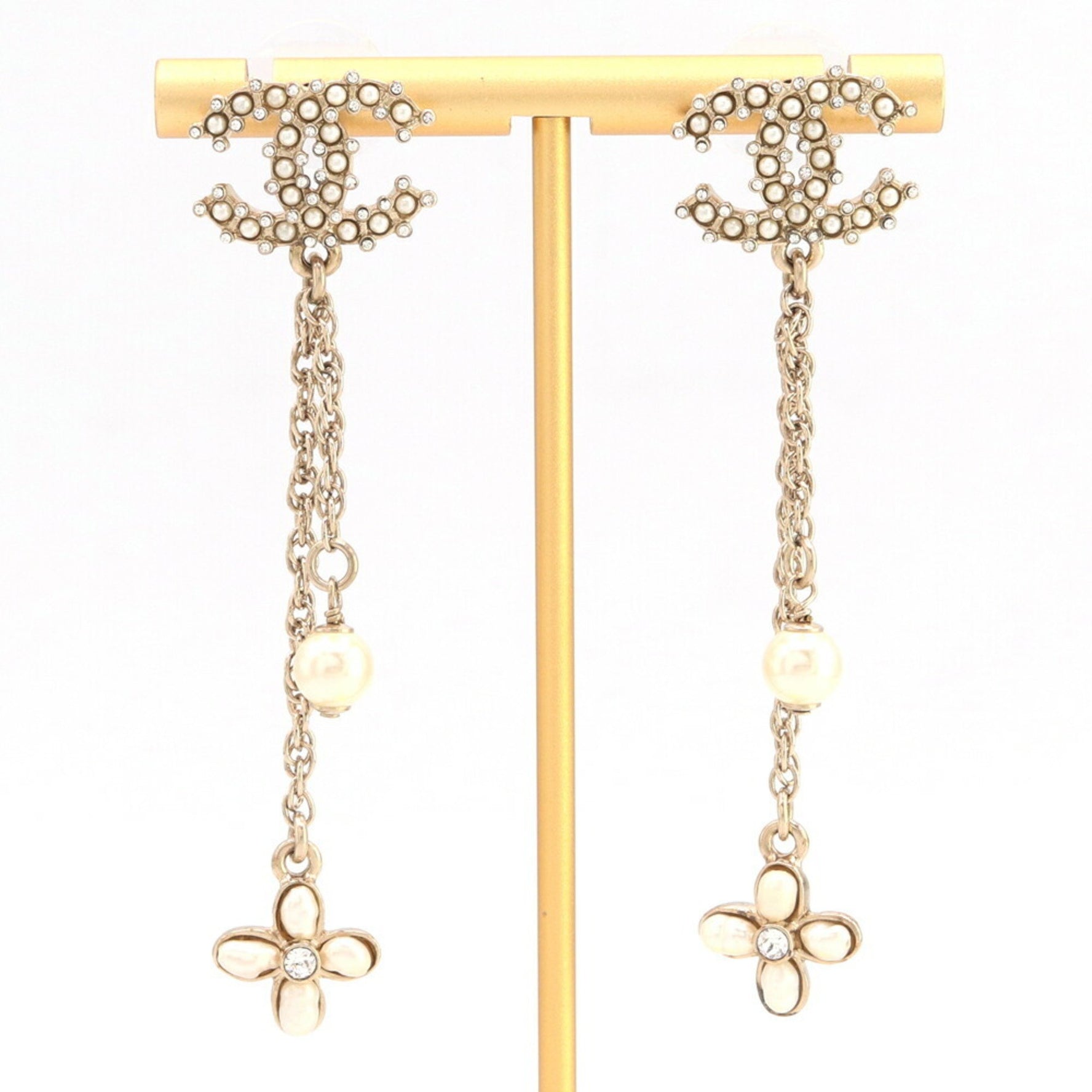 Chanel Coco Mark Flower Earrings in Matte Gold Metal with Faux Pearl and Rhinestones, 2019 Model, Chain