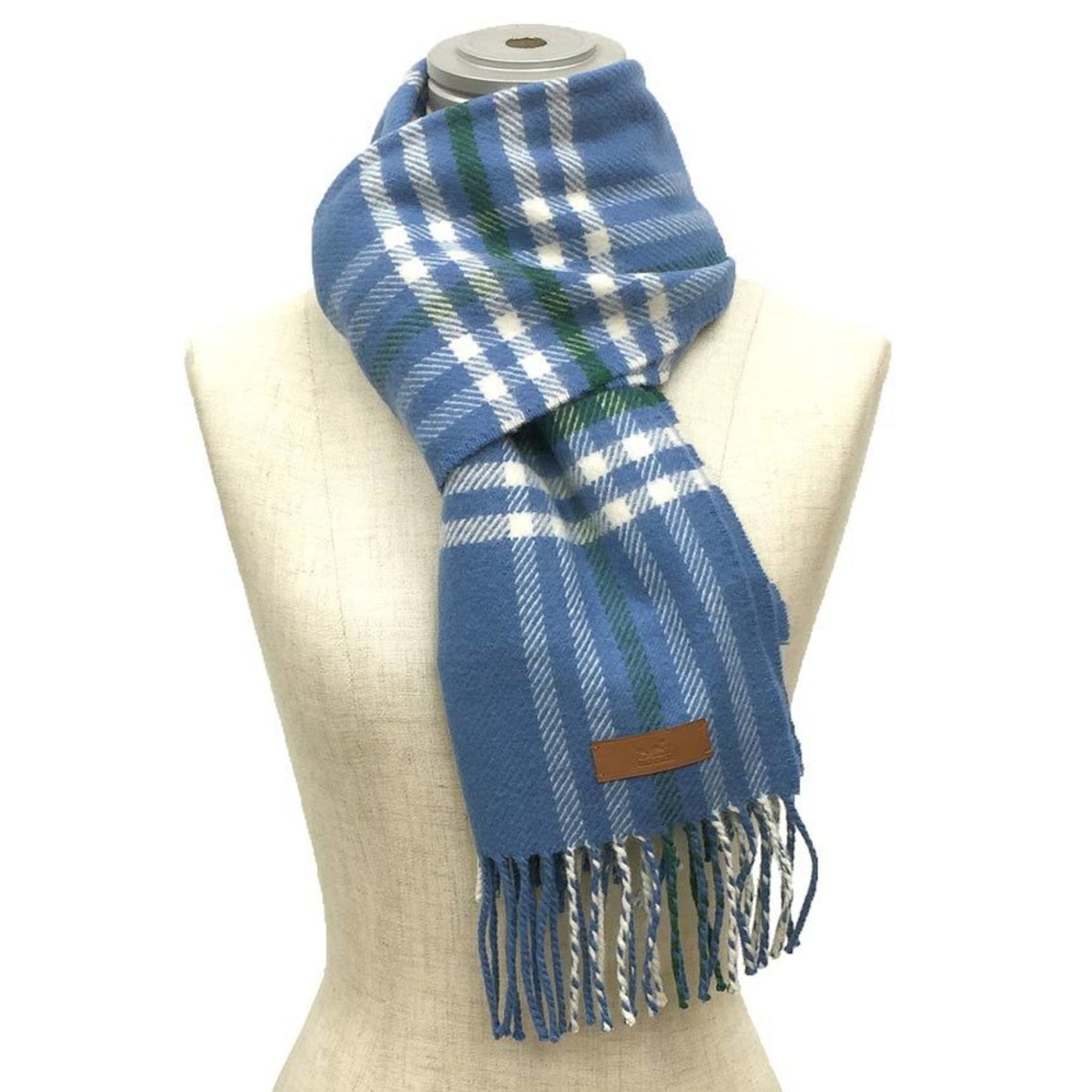 HERMES muffler check light blue 100% cashmere stole shawl