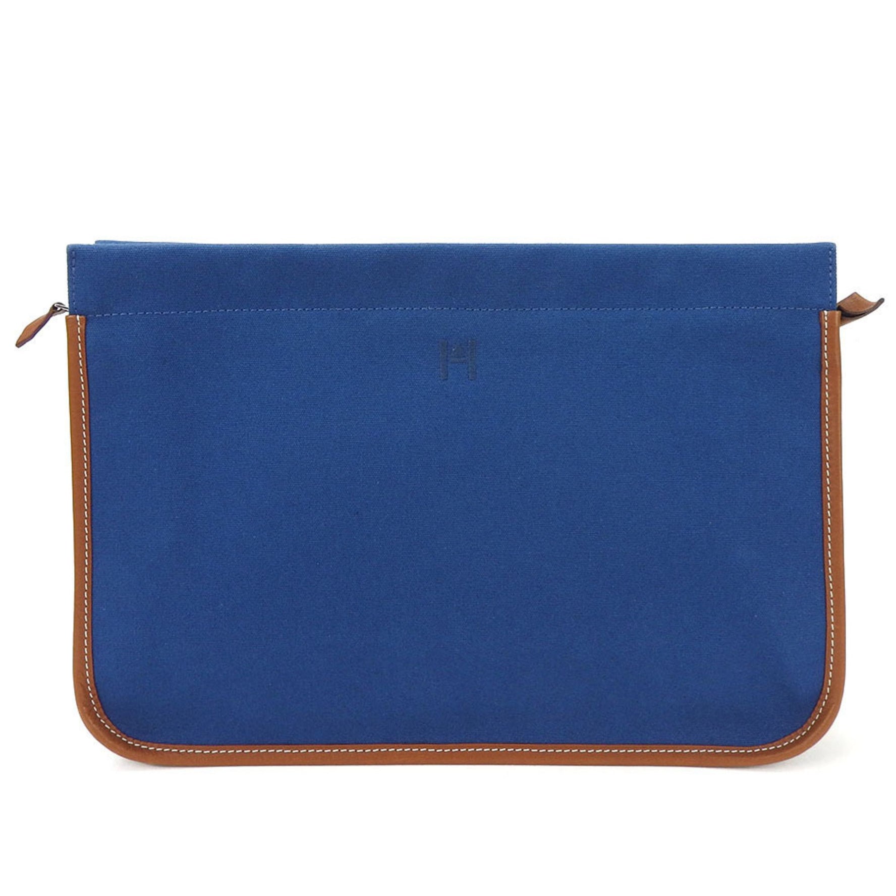 Hermes clutch bag canvas leather navy brown ladies blue