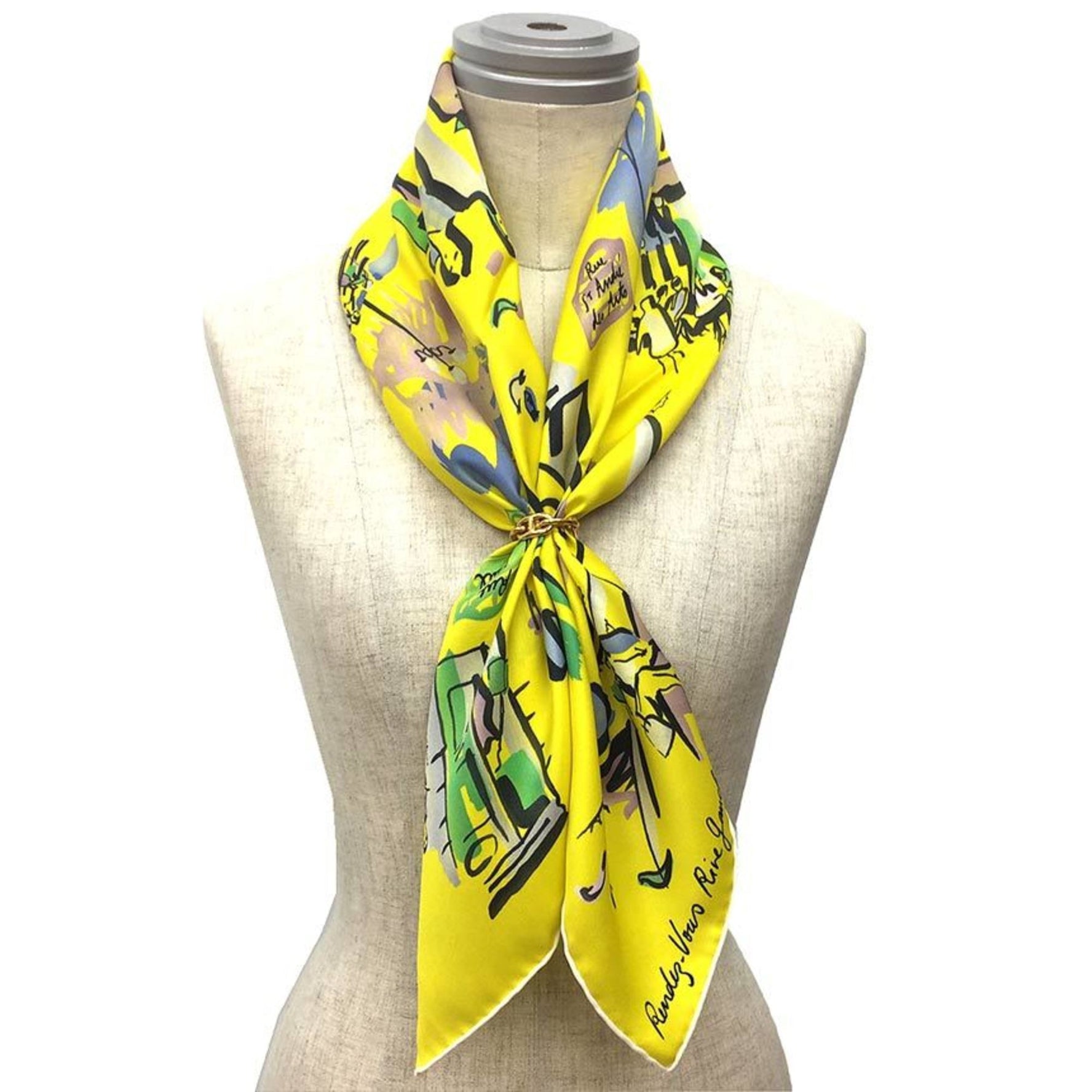 HERMES Scarf Muffler Carre 70 CARRE VINTAGE RENDEZ VOUS RIVE GAUCHE Left Bank Rendezvous 100% Silk Yellow JAUNE CITRON/JADE/PARME