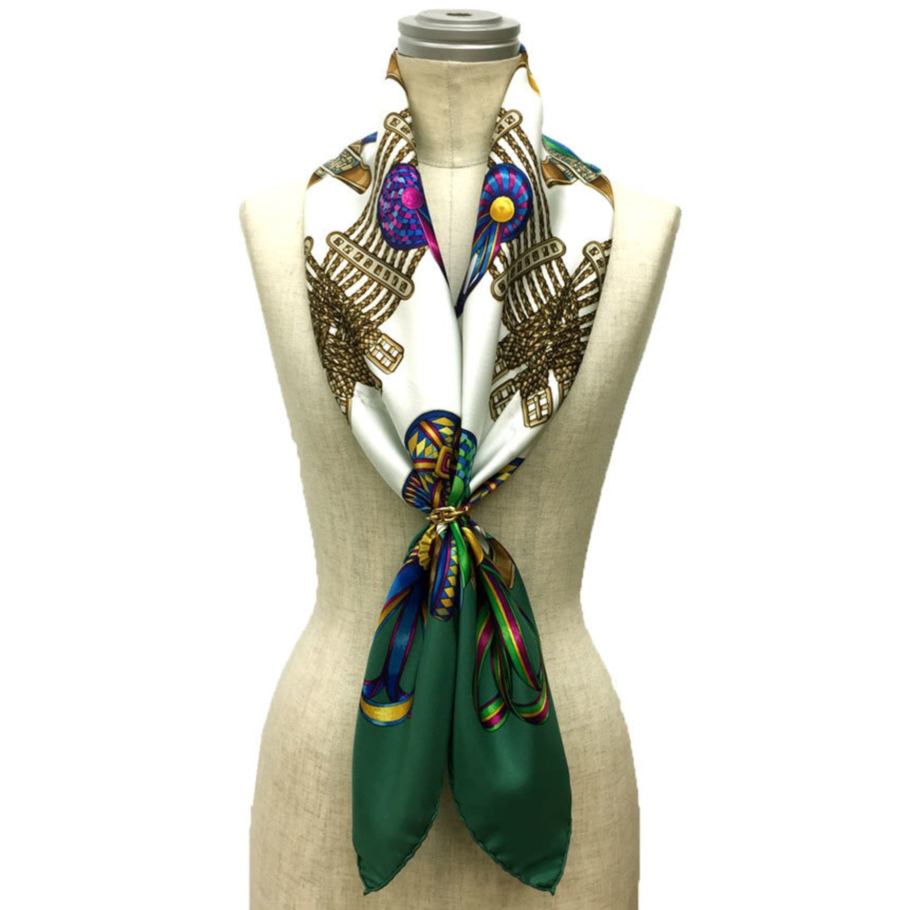 HERMES Carre 90 Scarf Muffler LES RUBANS DU CHEVAL Horse Ribbon White x Green 100% Silk Ladies