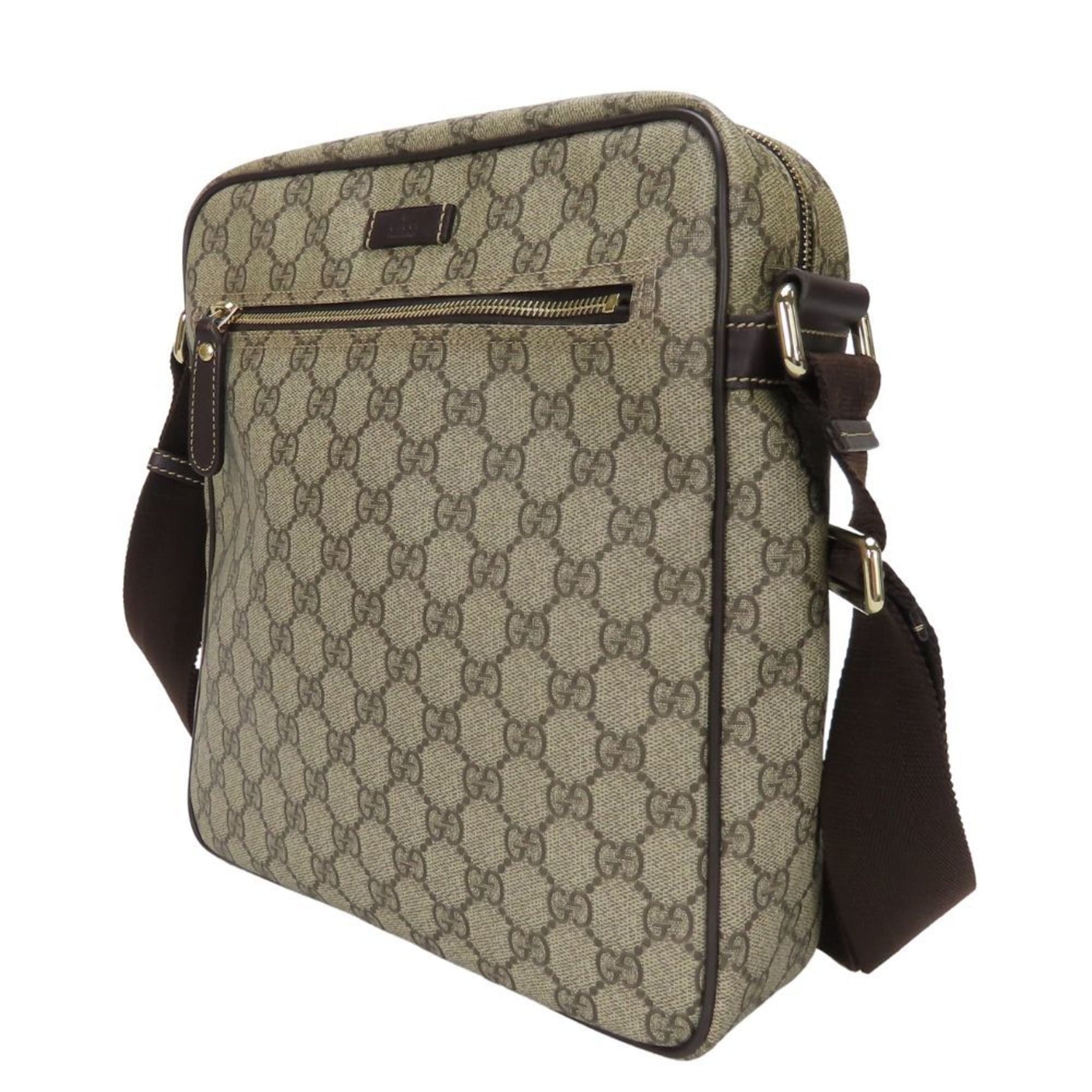 Gucci Shoulder Bag GG Supreme Canvas Leather Beige Dark Brown Men's