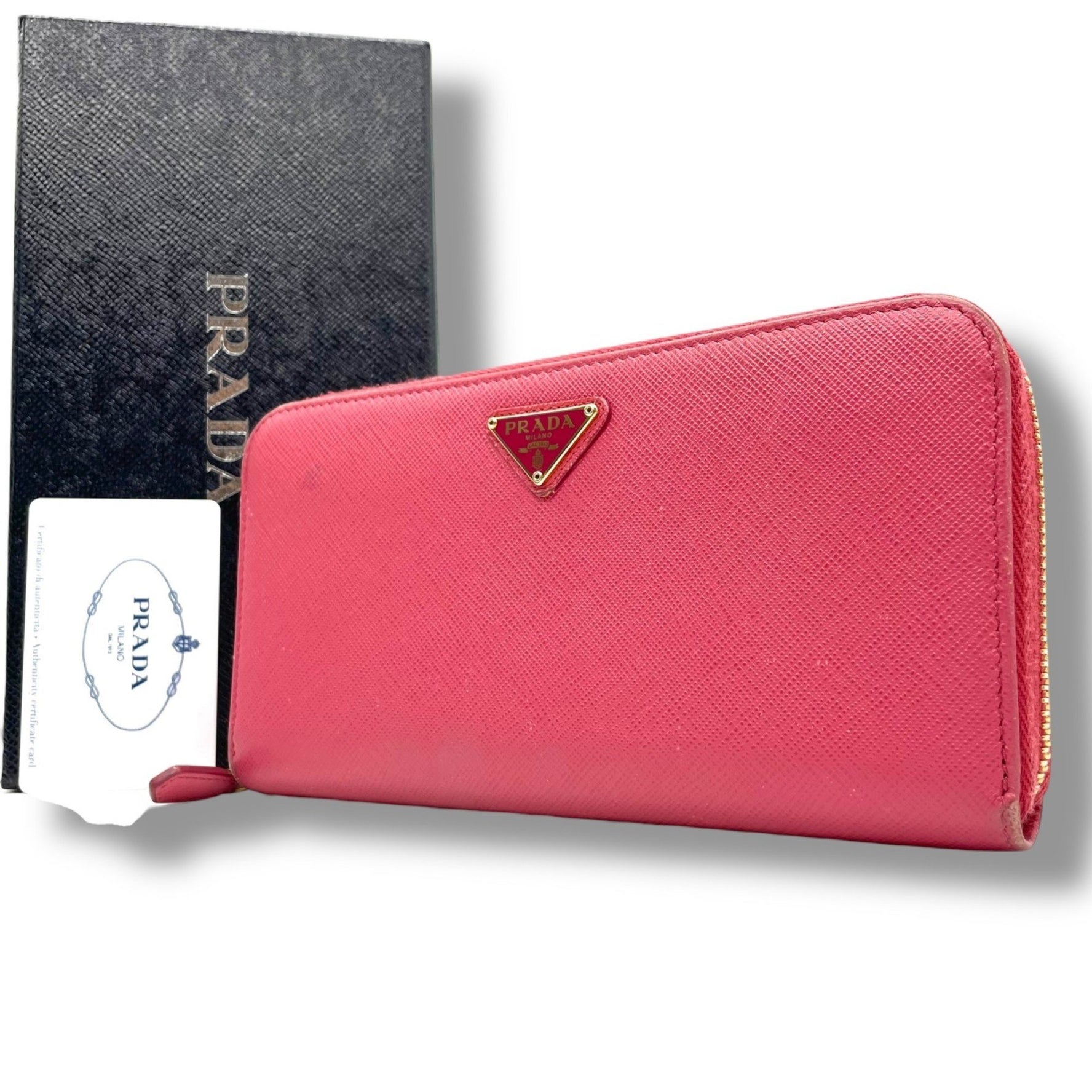PRADA Long Wallet Saffiano Leather, Round Zipper, Triangle Logo, Gold Hardware, Warranty Card Included