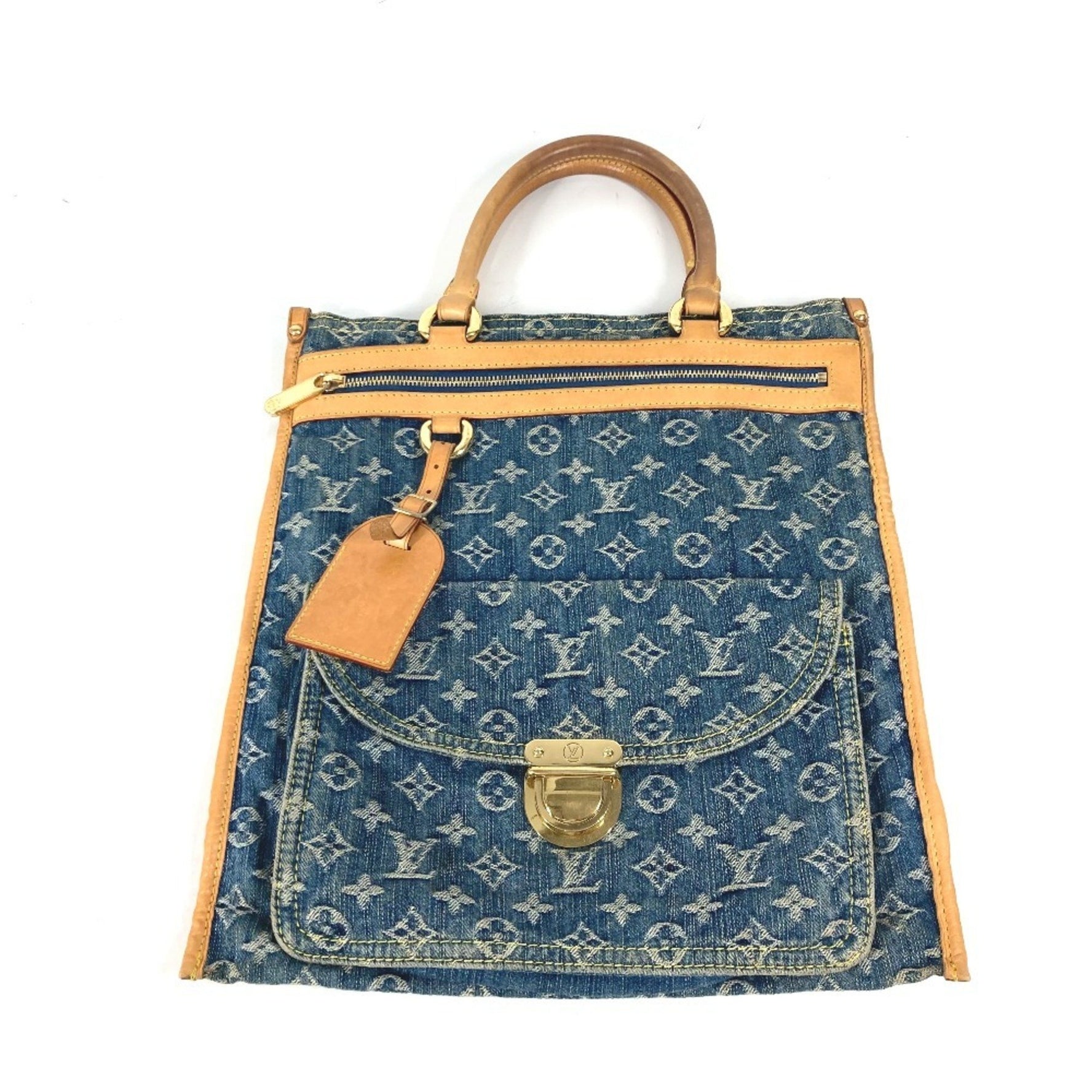 Louis Vuitton Monogram Denim Flat Shopper Tote Bag Shoulder Blue