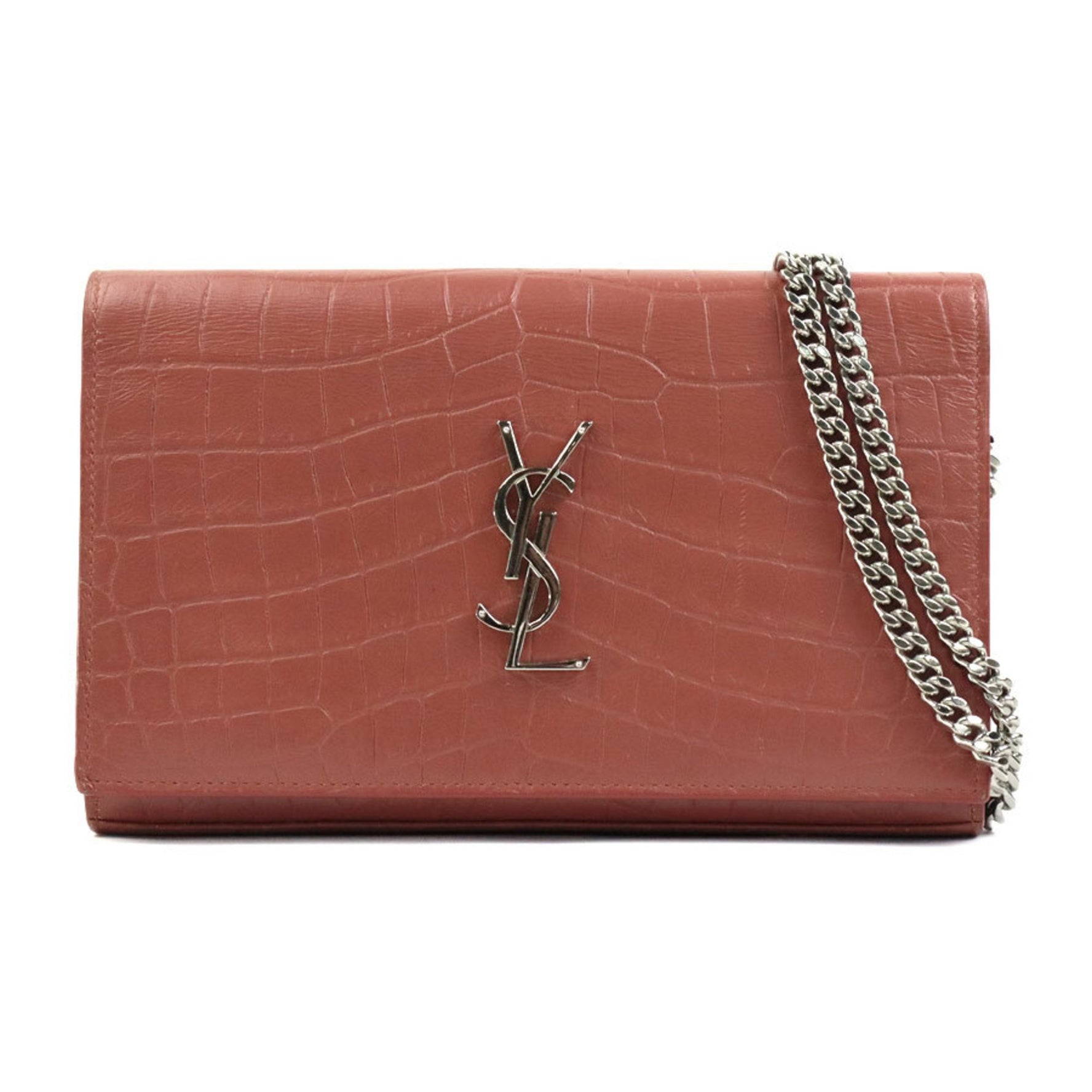 Saint Laurent wallet chain shoulder bag embossed leather pink brown silver
