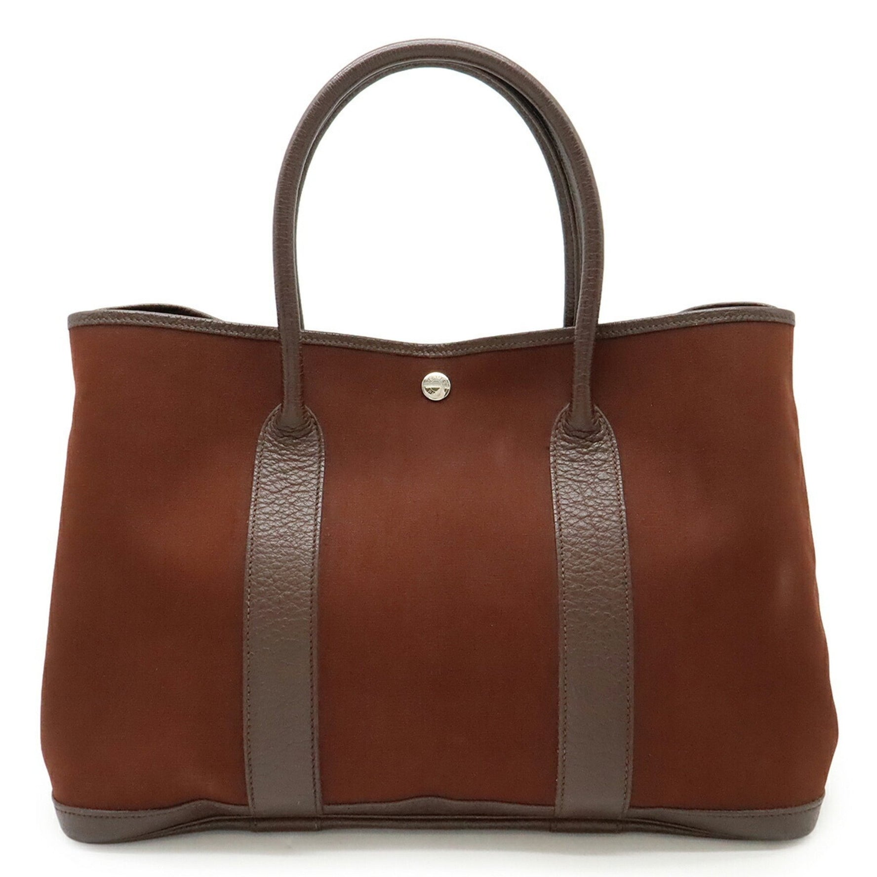 HERMES Garden PM Tote Bag, Toile Officier Leather, Reddish Brown and Bordeaux, □I Stamp