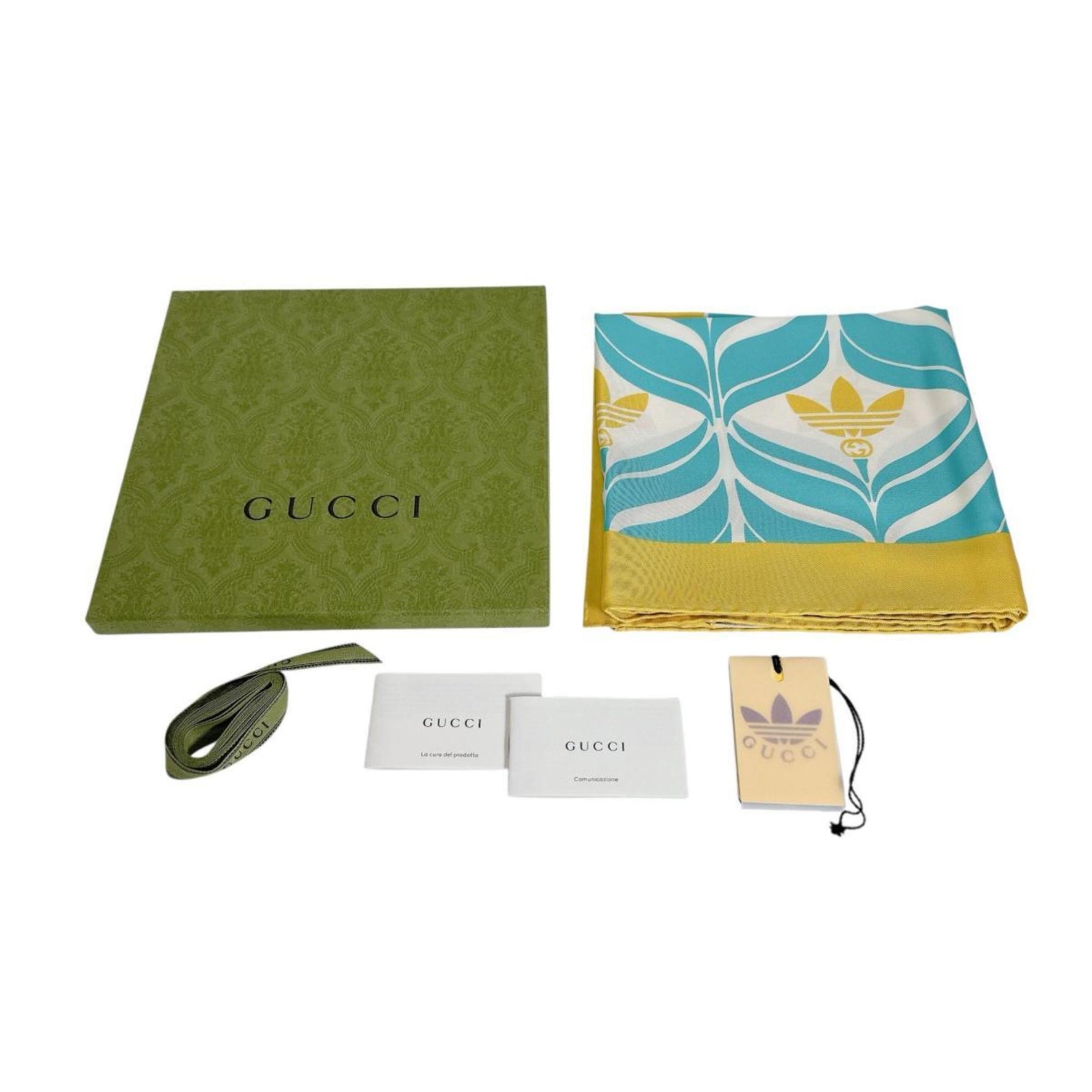 Gucci Scarf, 100% Silk, Adidas Collaboration, Yellow x Blue