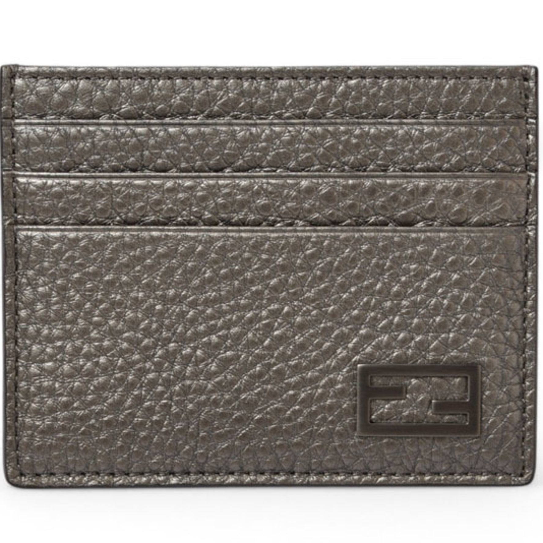 FENDI Card Case/Business Holder Leather FF Baguette Motif Metallic Grey