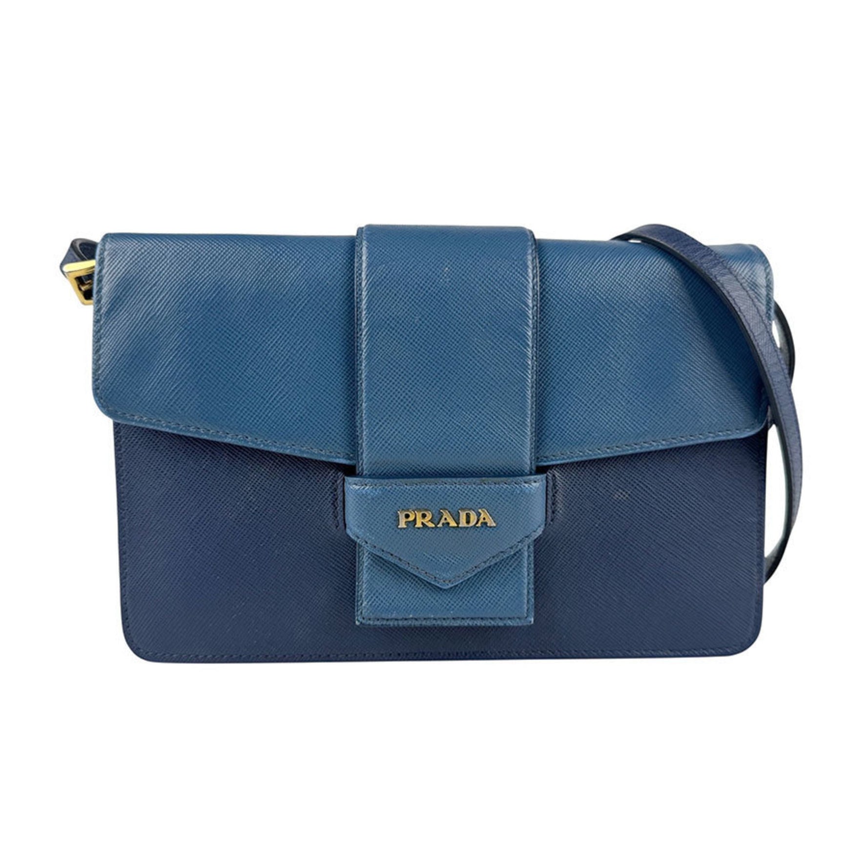Prada Shoulder Bag/Wallet Leather Blue Navy Gold