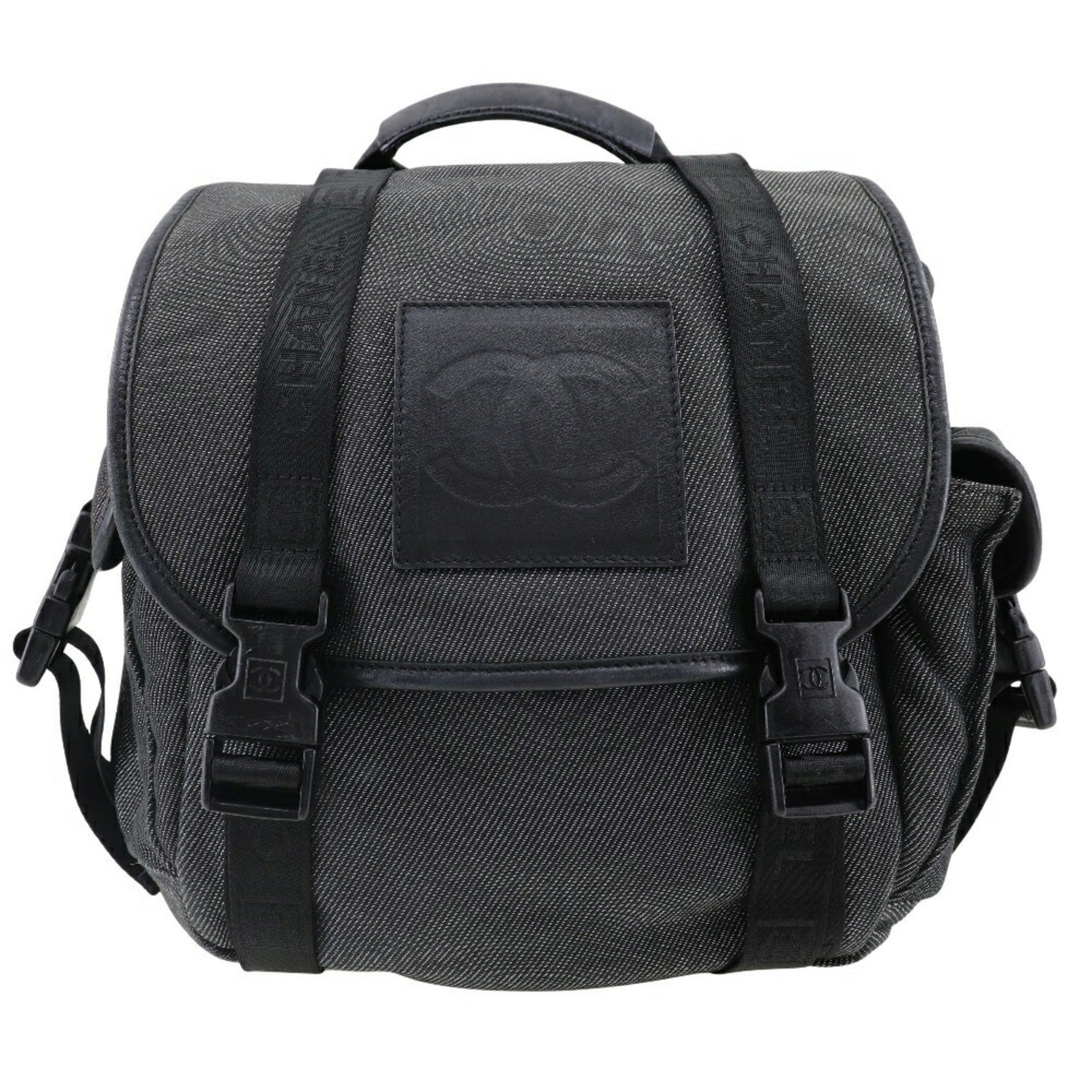 Chanel Backpack Rucksack/Daypack Sports Line Coco Mark Canvas Black/Silver Flap
