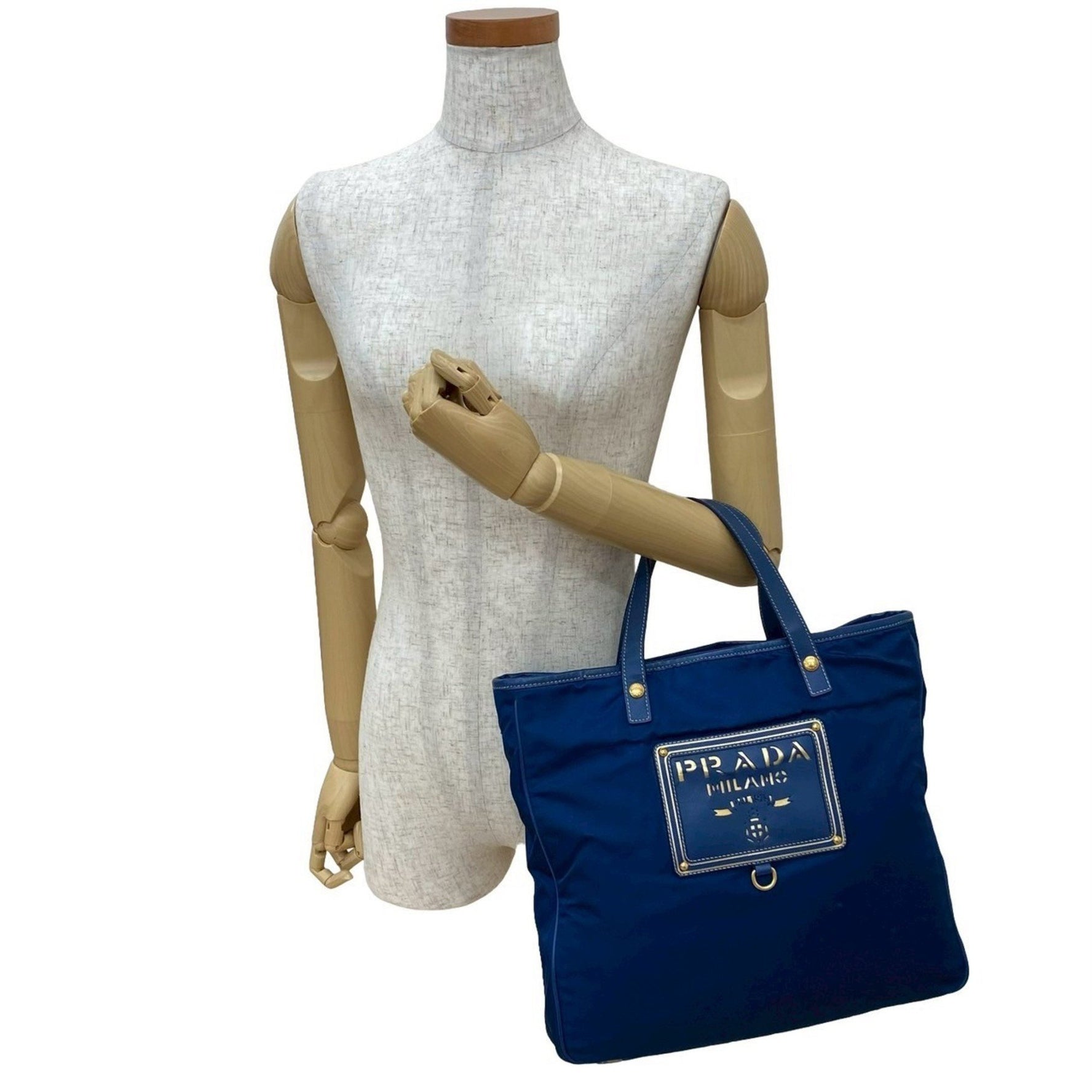 PRADA Milano Logo Tessuto Nylon Saffiano Leather Handbag Tote Bag Blue Gold