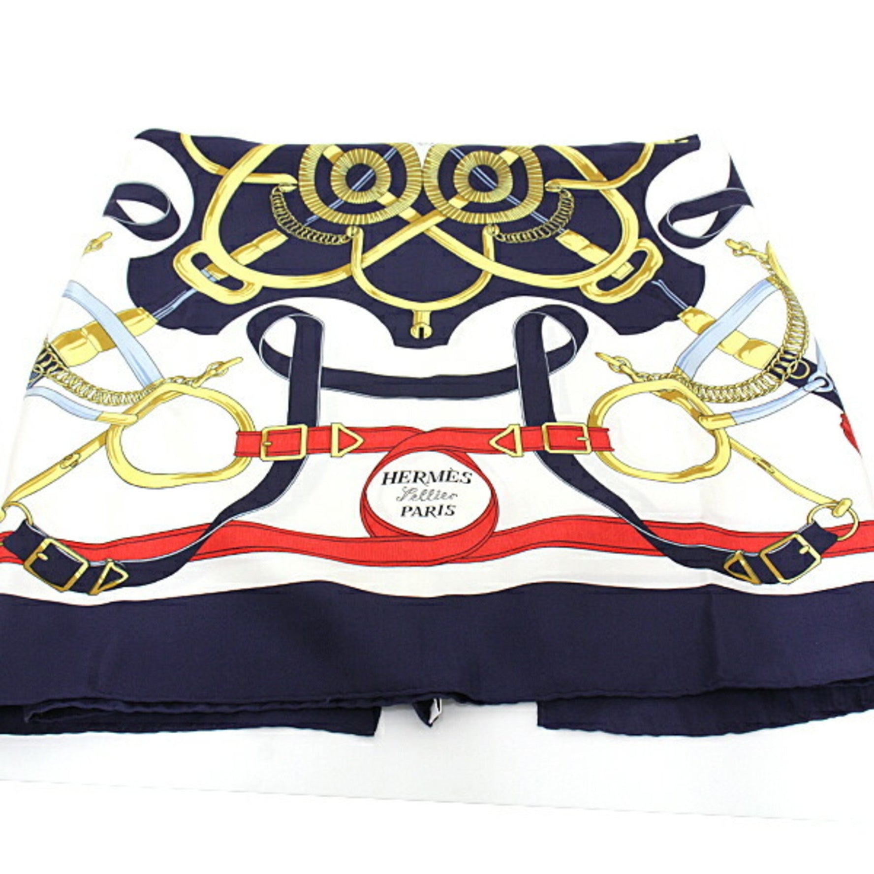 Hermes Carre 90 Scarf Muffler Eperon d Or Golden Spur 100% Silk Navy / Gold Red White Harness Henri Dorney Large Format