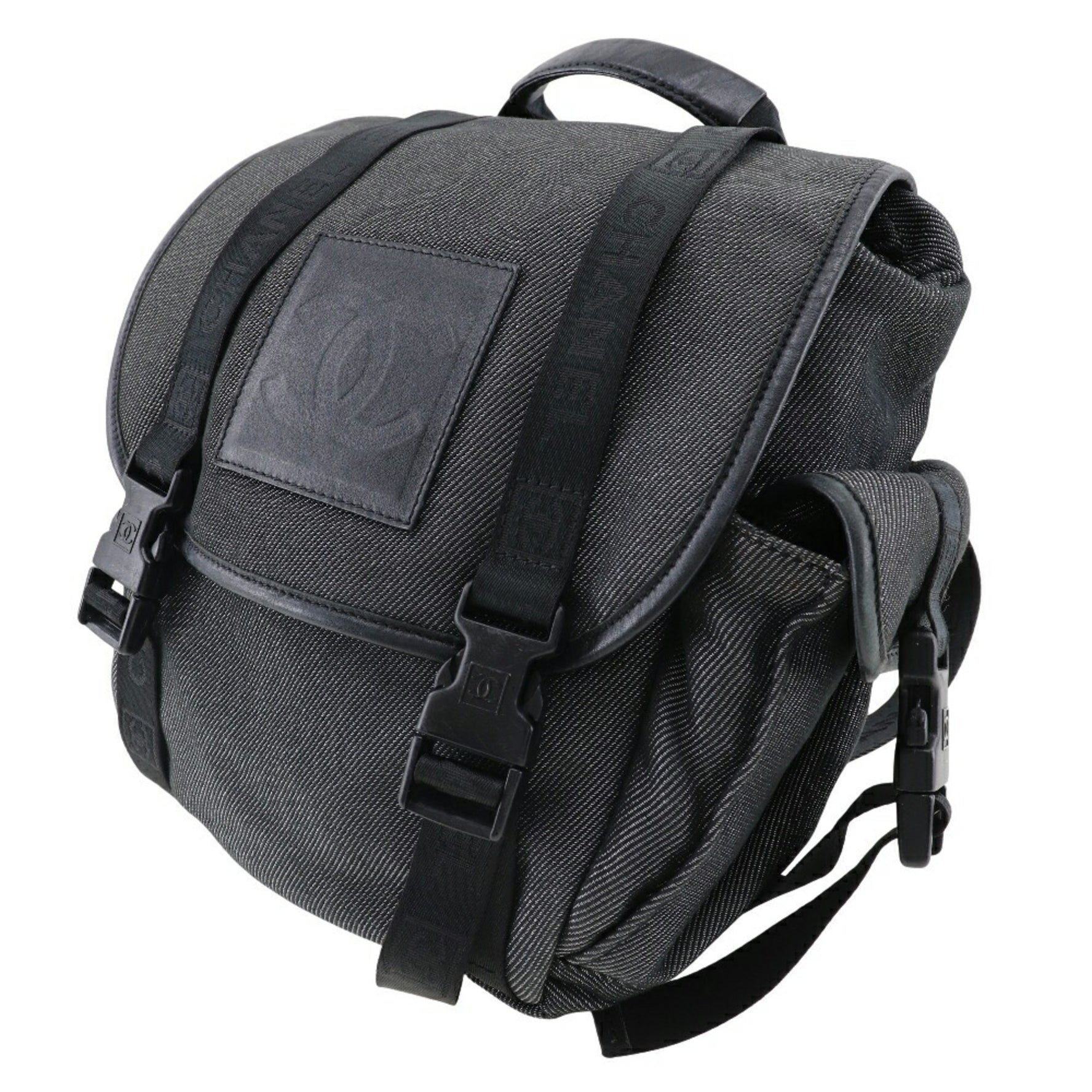 Chanel Backpack Rucksack/Daypack Sports Line Coco Mark Canvas Black/Silver Flap