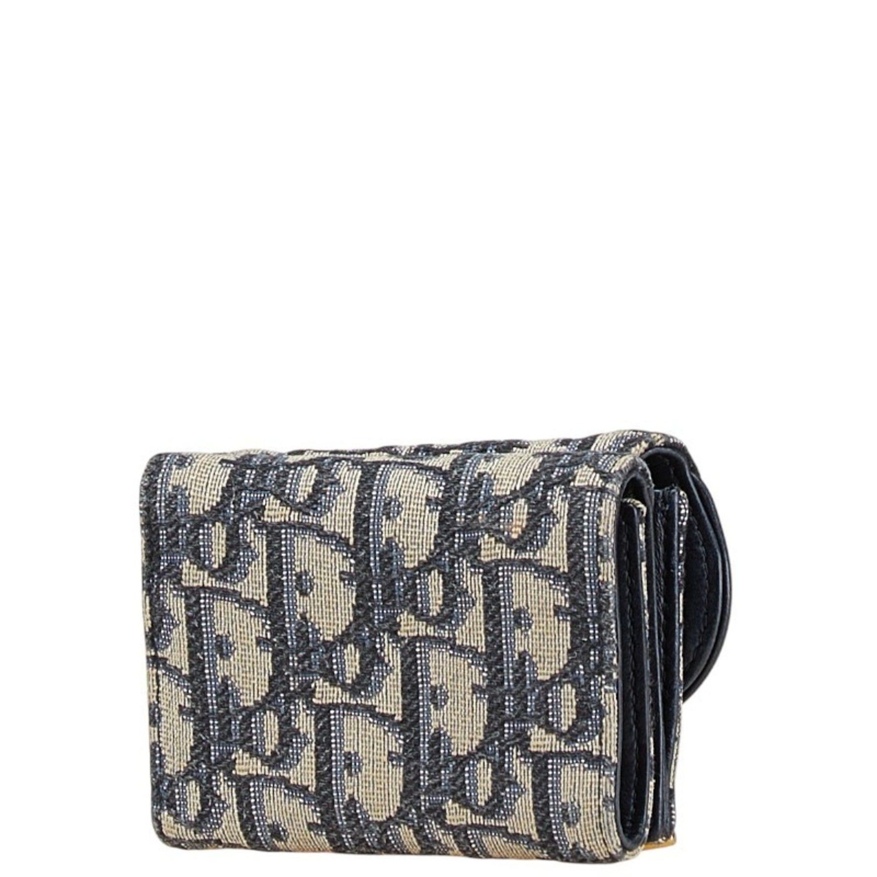 Christian Dior Dior Oblique Saddle Tri-fold Wallet Navy Beige Canvas Leather