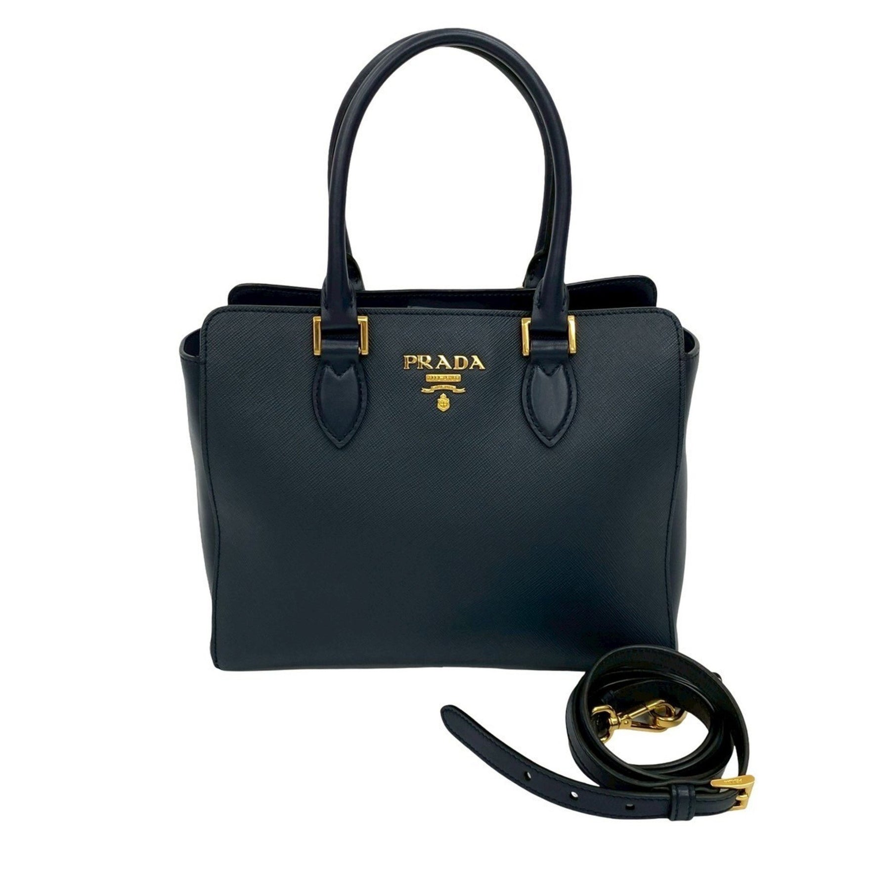 PRADA logo hardware, Saffiano leather, genuine handbag, mini tote bag, shoulder blue