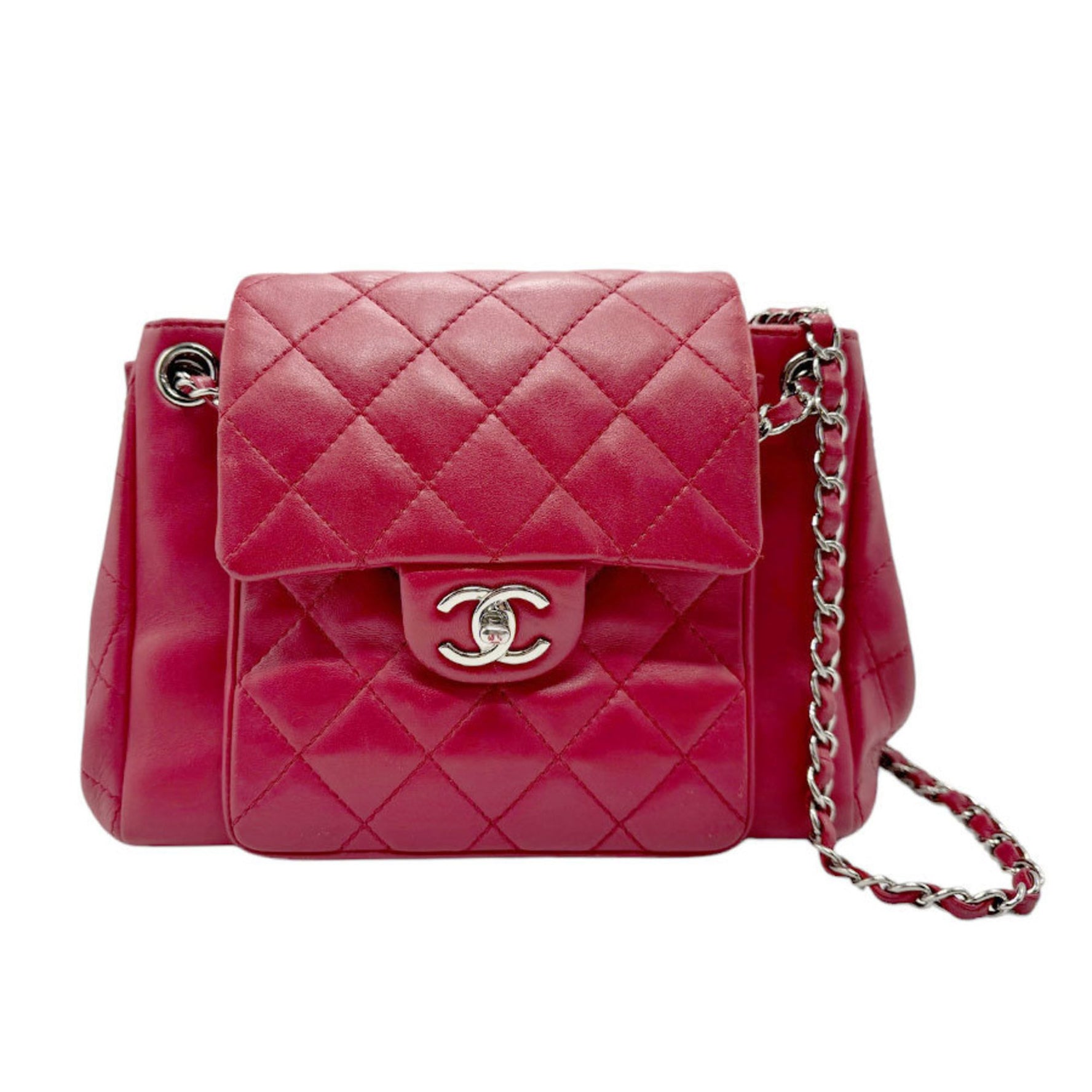CHANEL Shoulder Bag Lambskin Red Silver