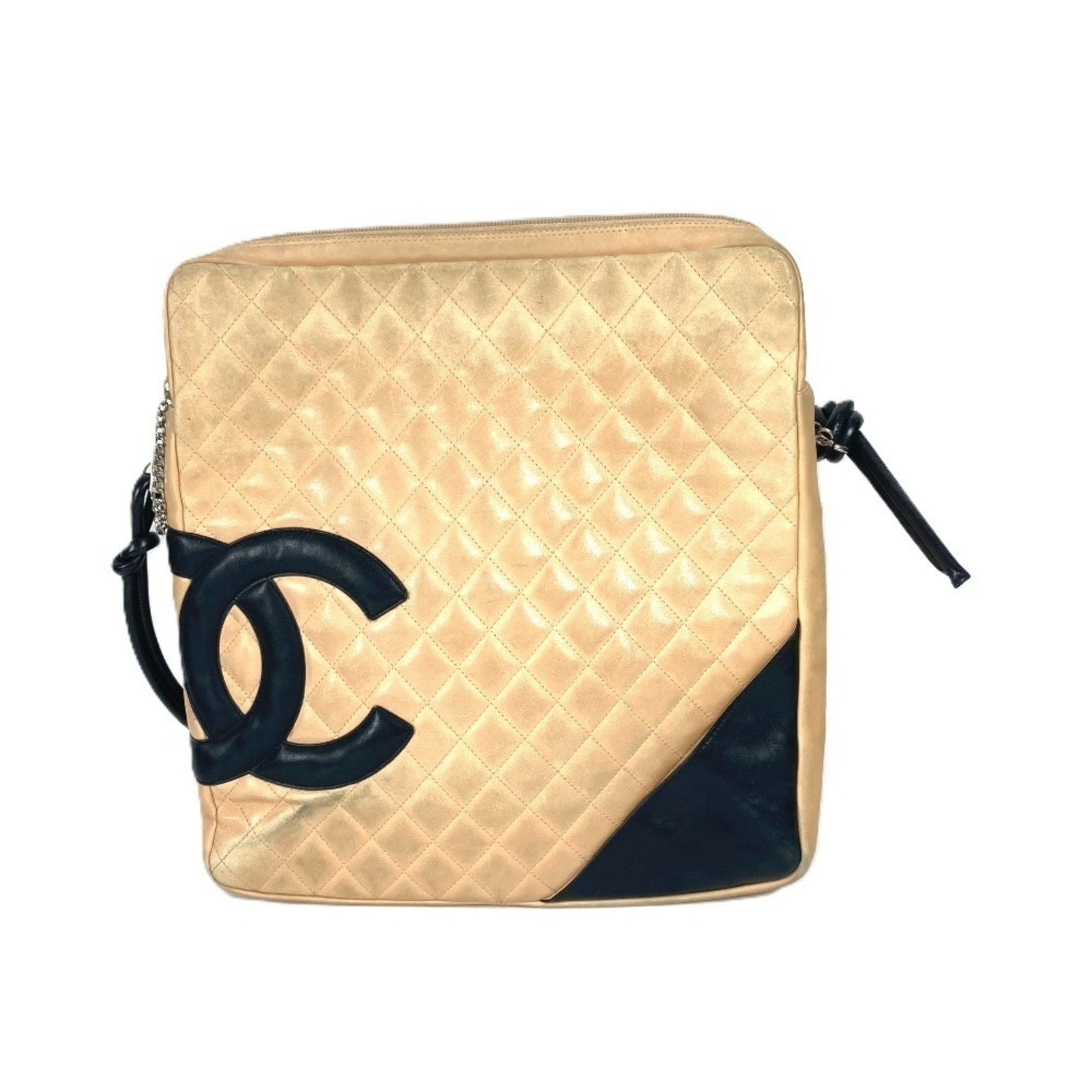 CHANEL Cambon Line CC Coco Mark Large Square Crossbody Bicolor Shoulder Bag Leather Beige