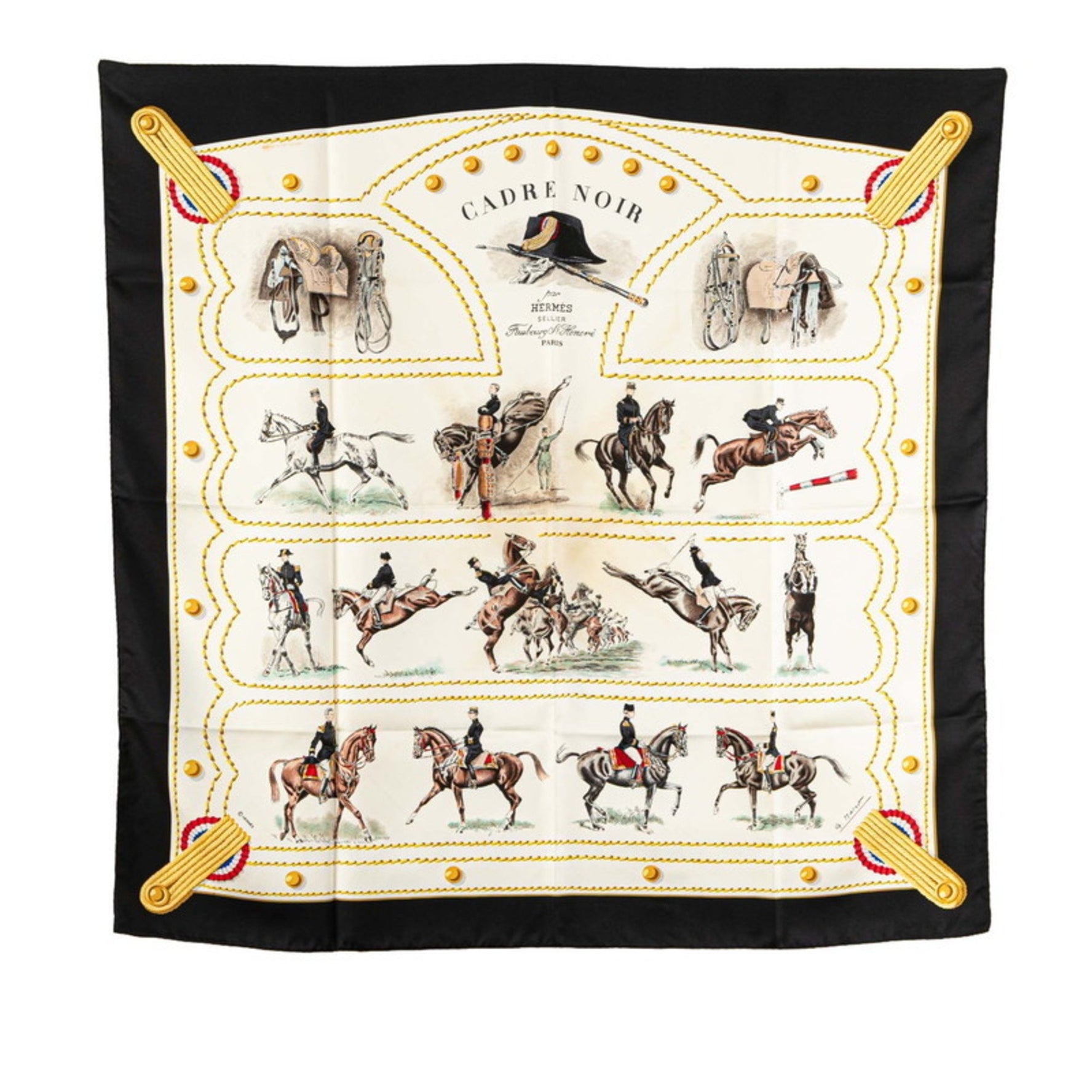 Hermès Carré 90 Cadre Noir Saumur Cavalry School Scarf Muffler Black Multicolor Silk HERMES
