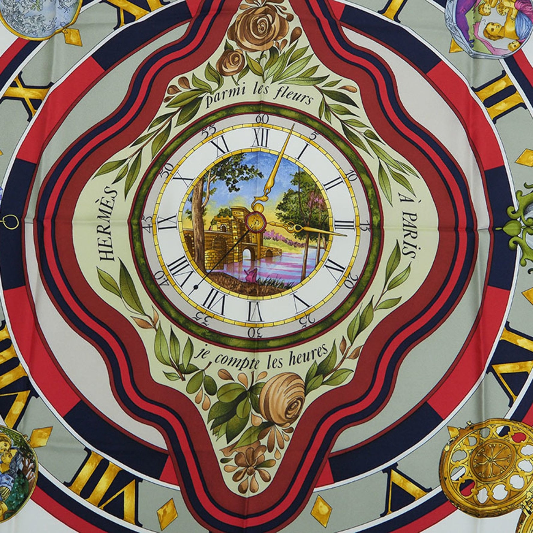 HERMES Carre 90 parmi les fleurs je compt time spent in the flowers navy scarf muffler