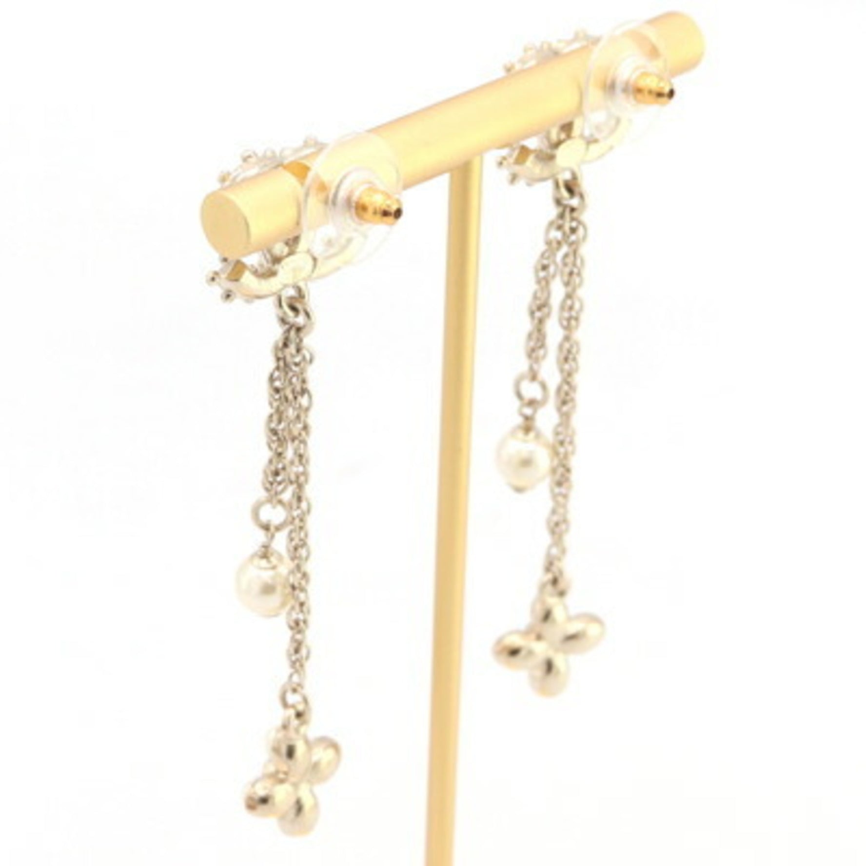 Chanel Coco Mark Flower Earrings in Matte Gold Metal with Faux Pearl and Rhinestones, 2019 Model, Chain
