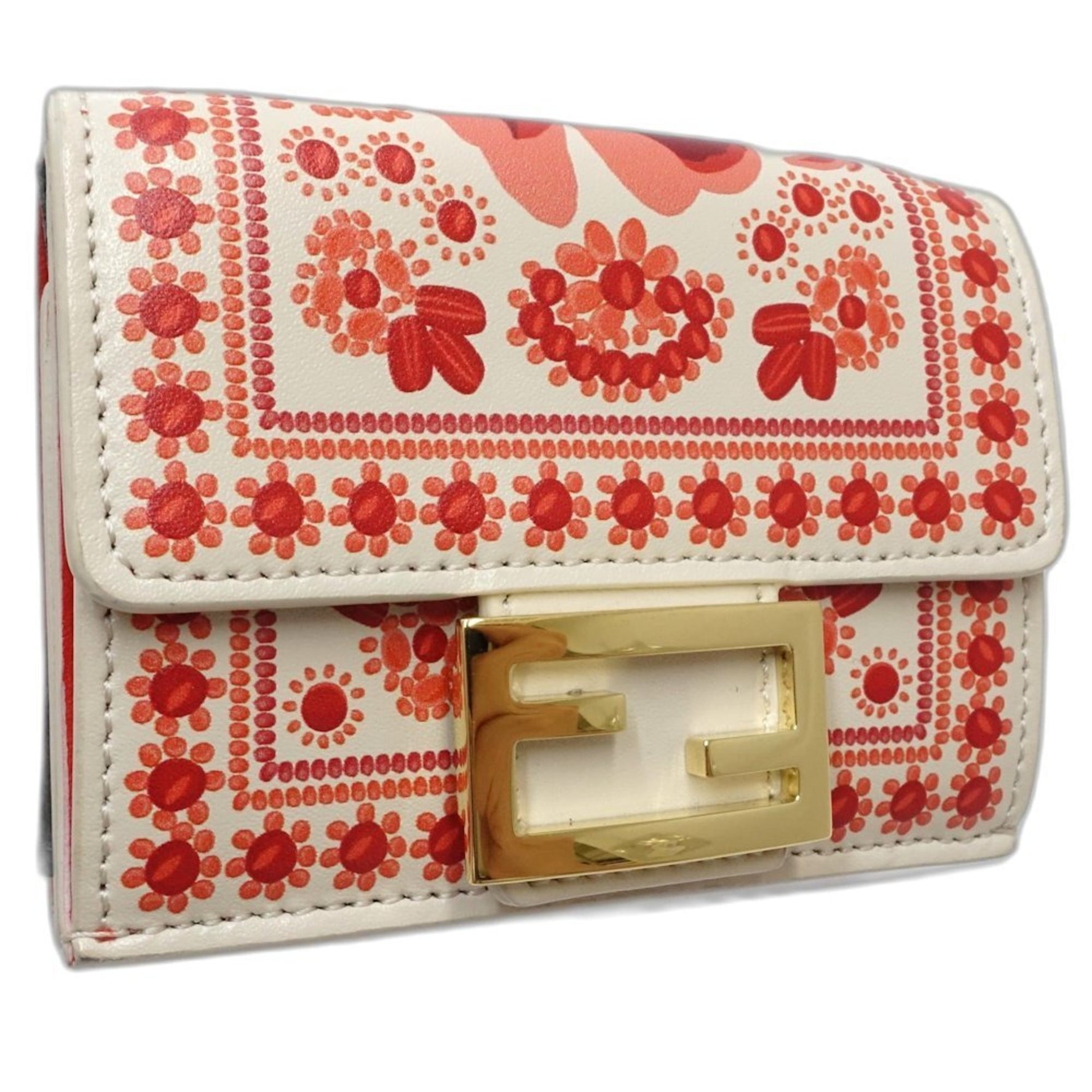 FENDI Baguette Micro Compact Wallet, Tri-fold Leather, Ivory Red