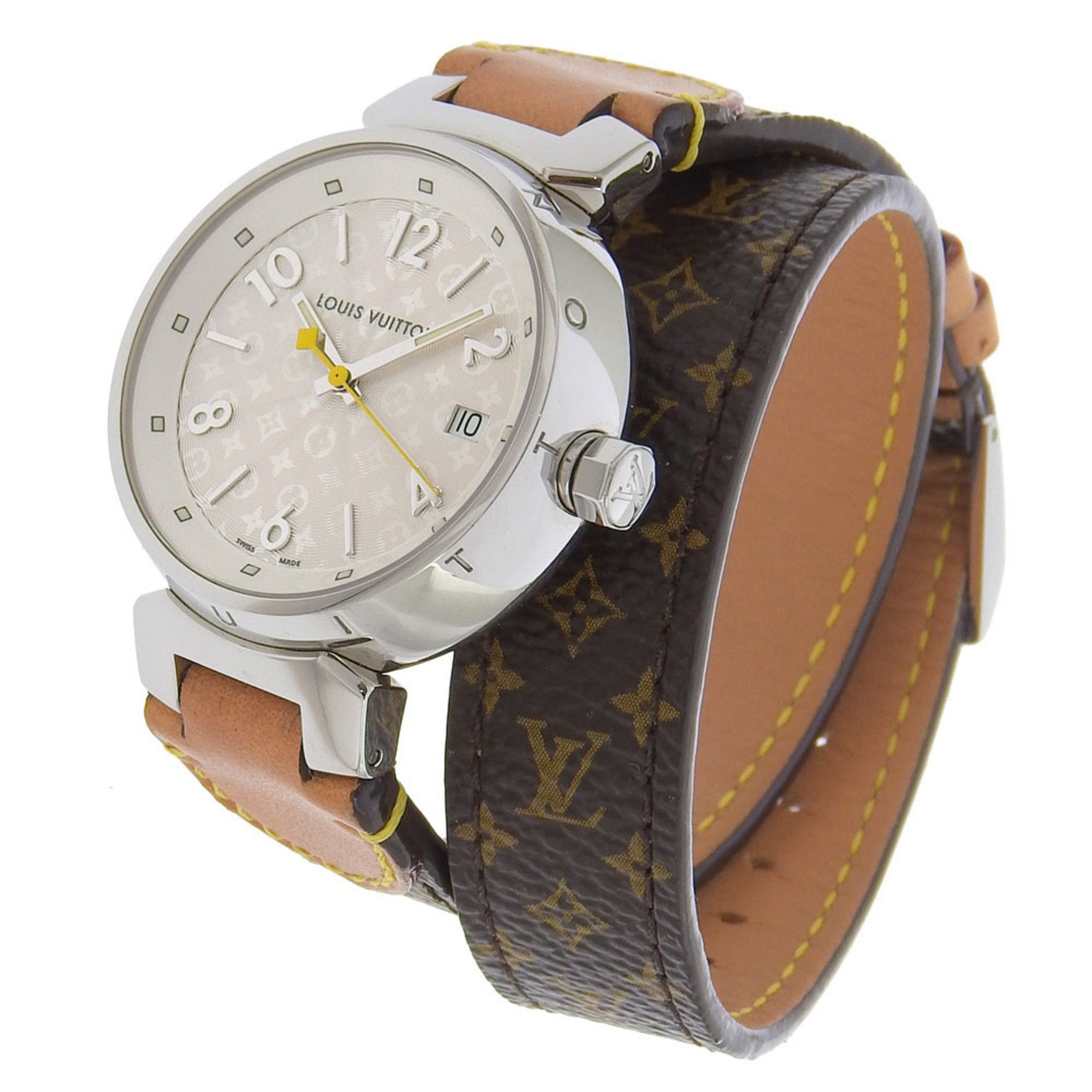 Louis Vuitton Tambour Watch Stainless Steel x Monogram Canvas Quartz Analog Display White Dial