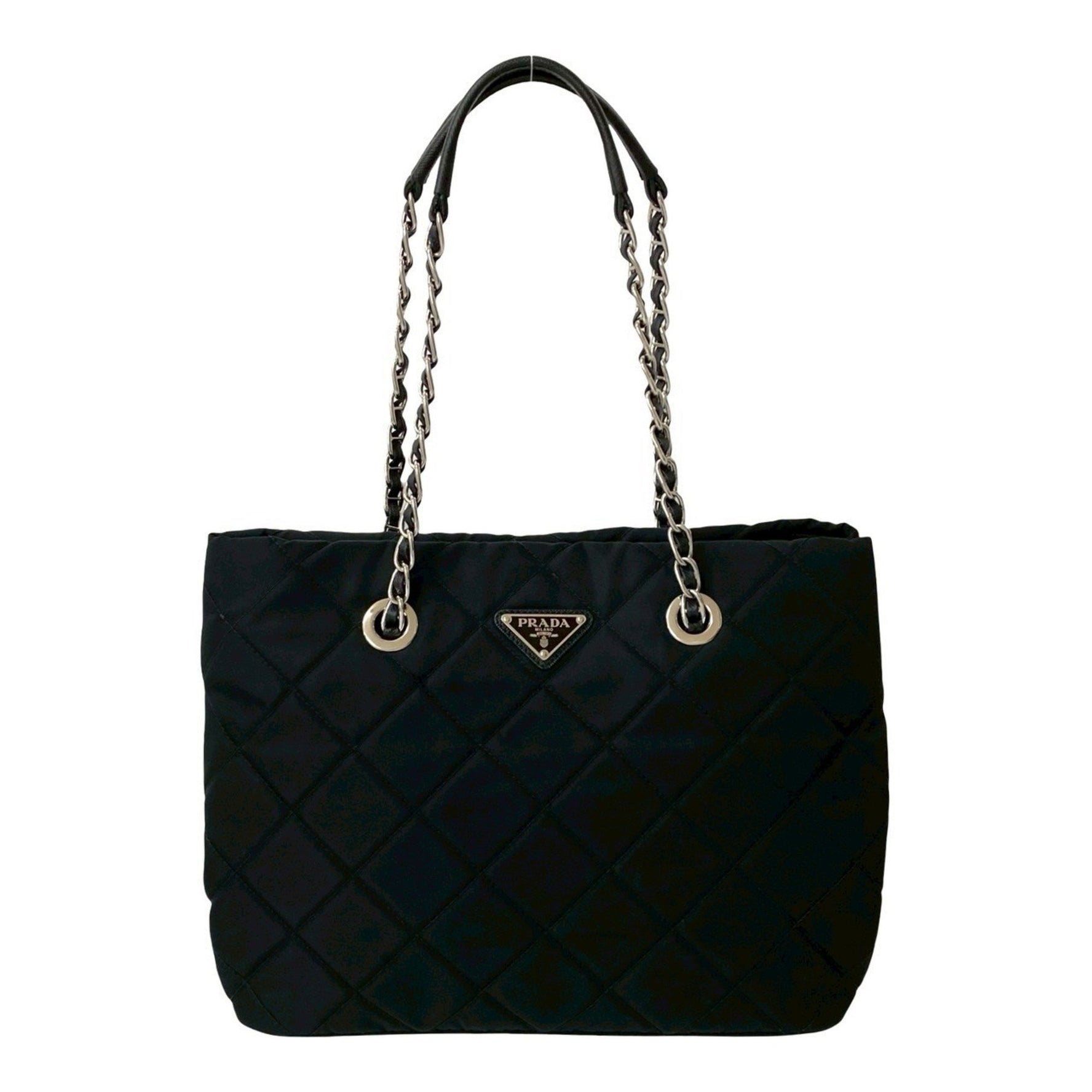 PRADA Triangle Logo Metal Fitted Quilted Nylon Leather Semi-Shoulder Bag Mini Tote