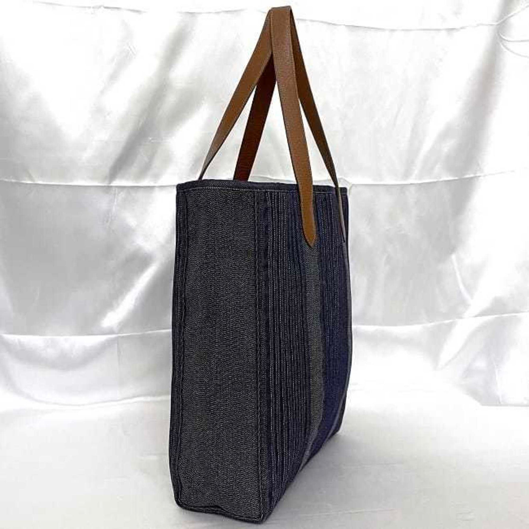 Hermes Tote Bag Calicut Denim Navy Brown Canvas Leather □L Stamp Unisex