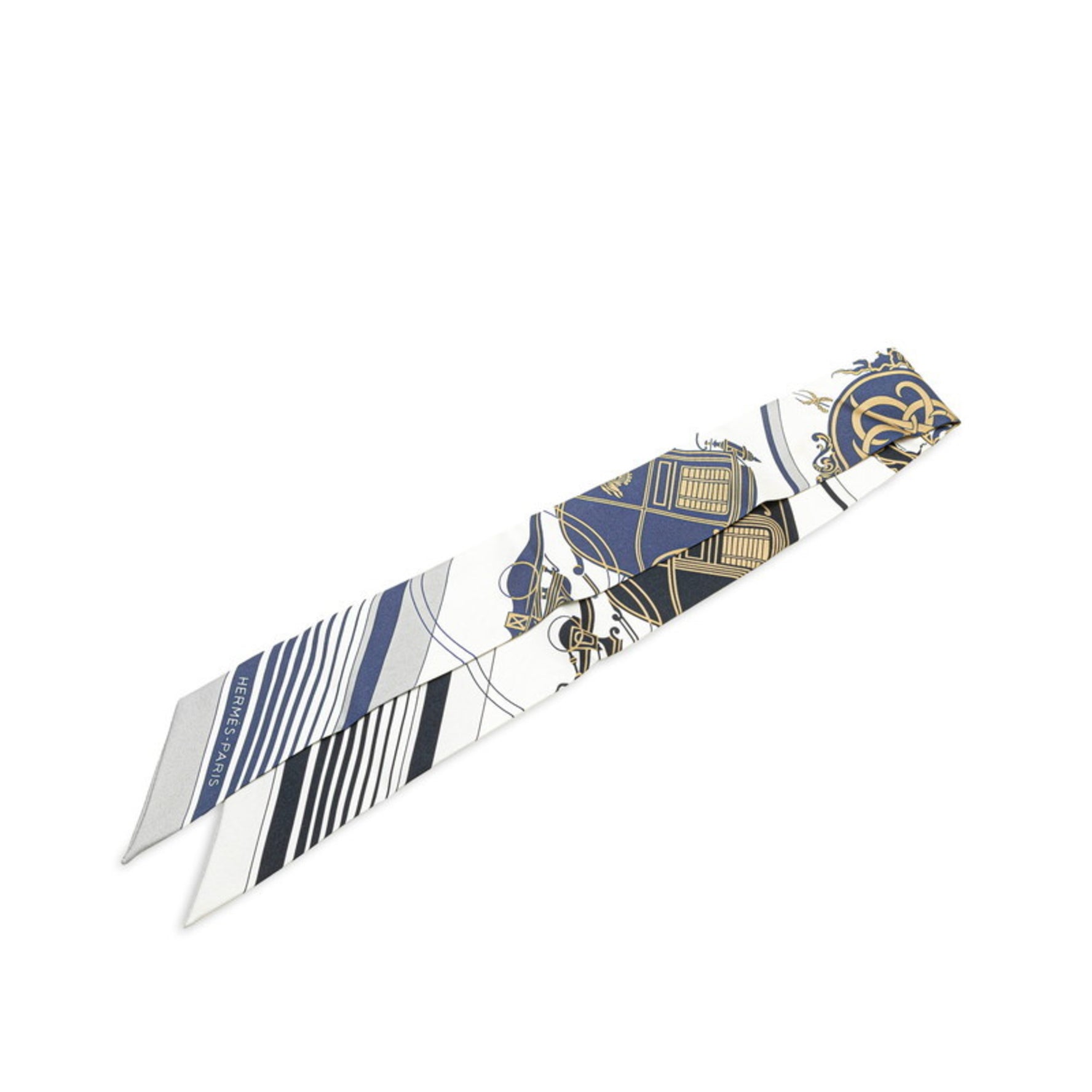 Hermès Twilly EX-LIBRIS Scarf, White, Navy, Multicolor, Silk, HERMES