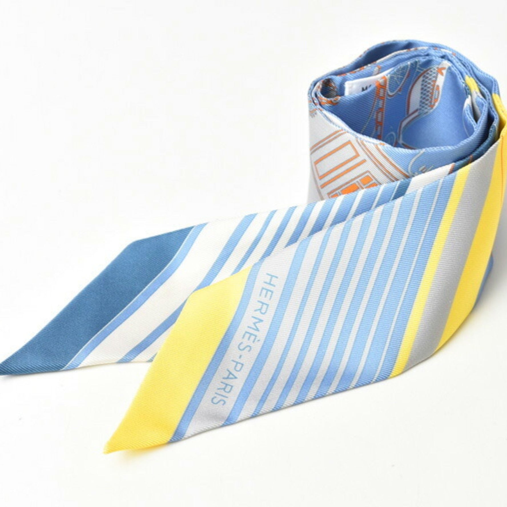 Hermes Twilly Scarf Muffler Silk Twill Carriage Motif Light Blue Yellow