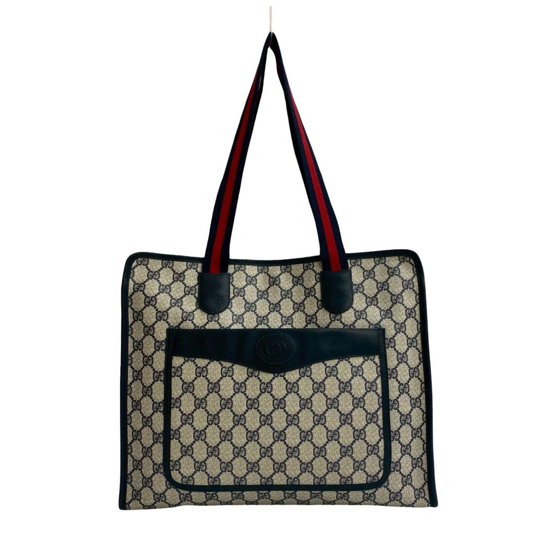 GUCCI Vintage Sherry Line GG Logo Leather Tote Bag, Navy, 387-4