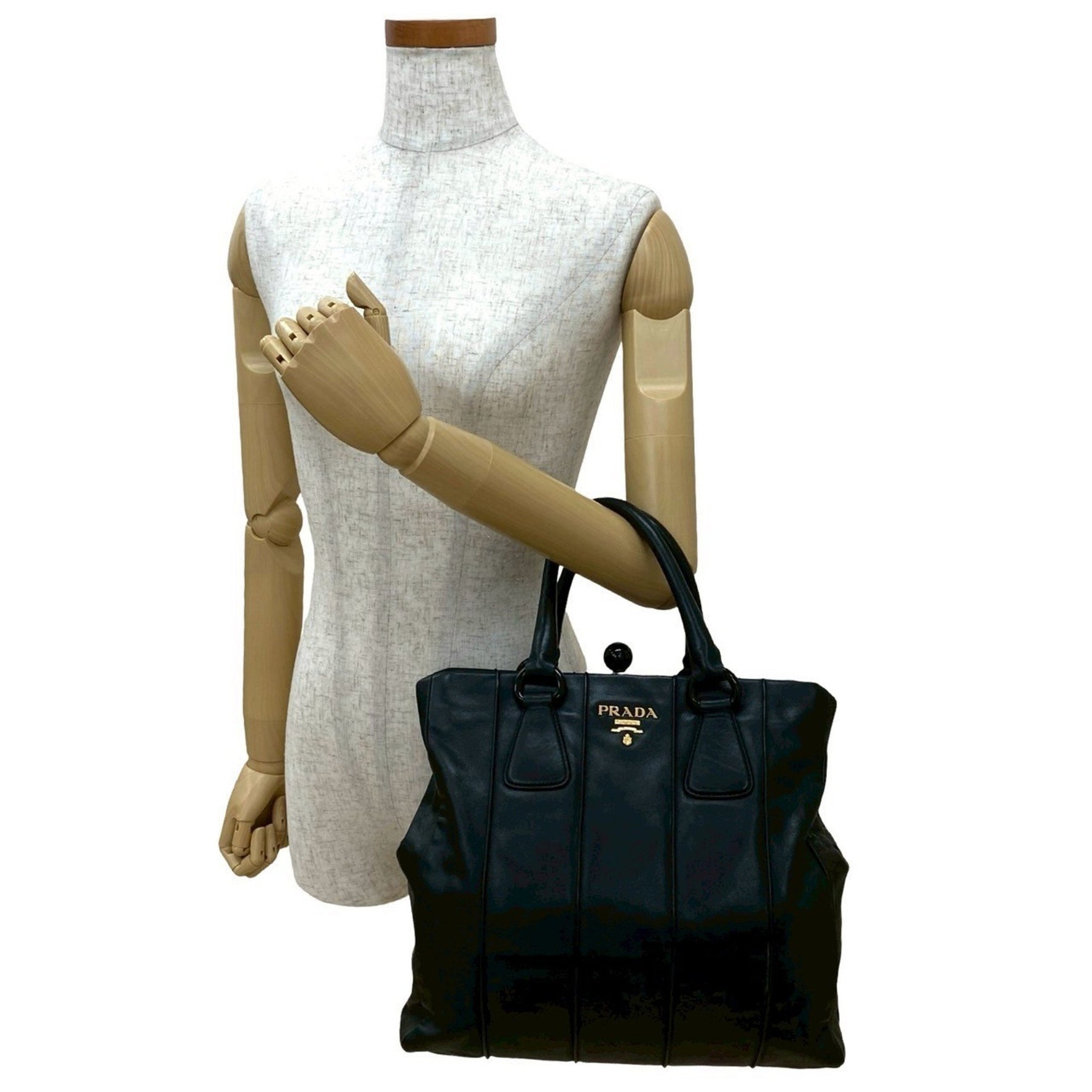 PRADA Logo Gold Hardware Leather Genuine Clasp Handbag Tote Bag Boston 006-3