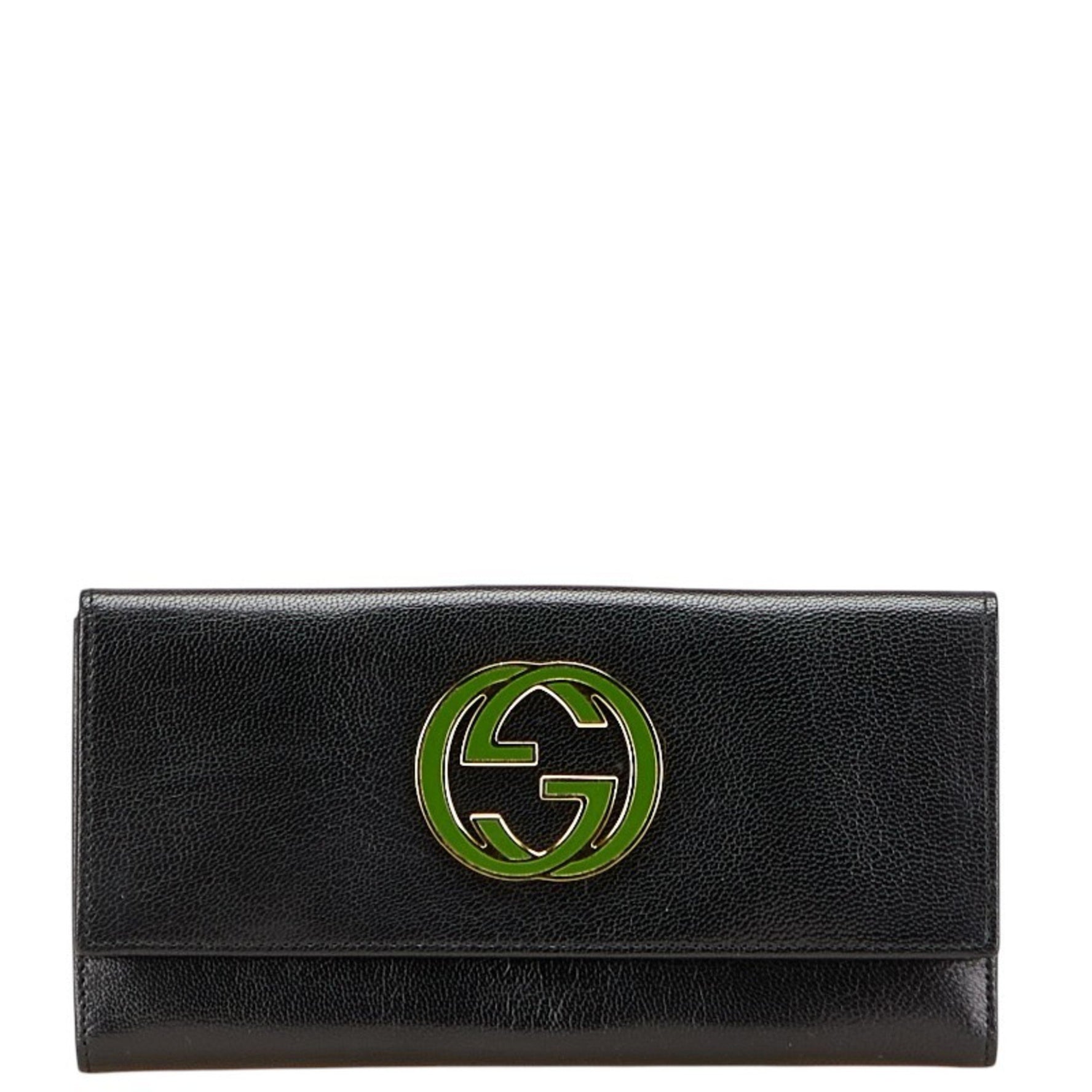 Gucci Interlocking G Long Wallet Black Green Leather