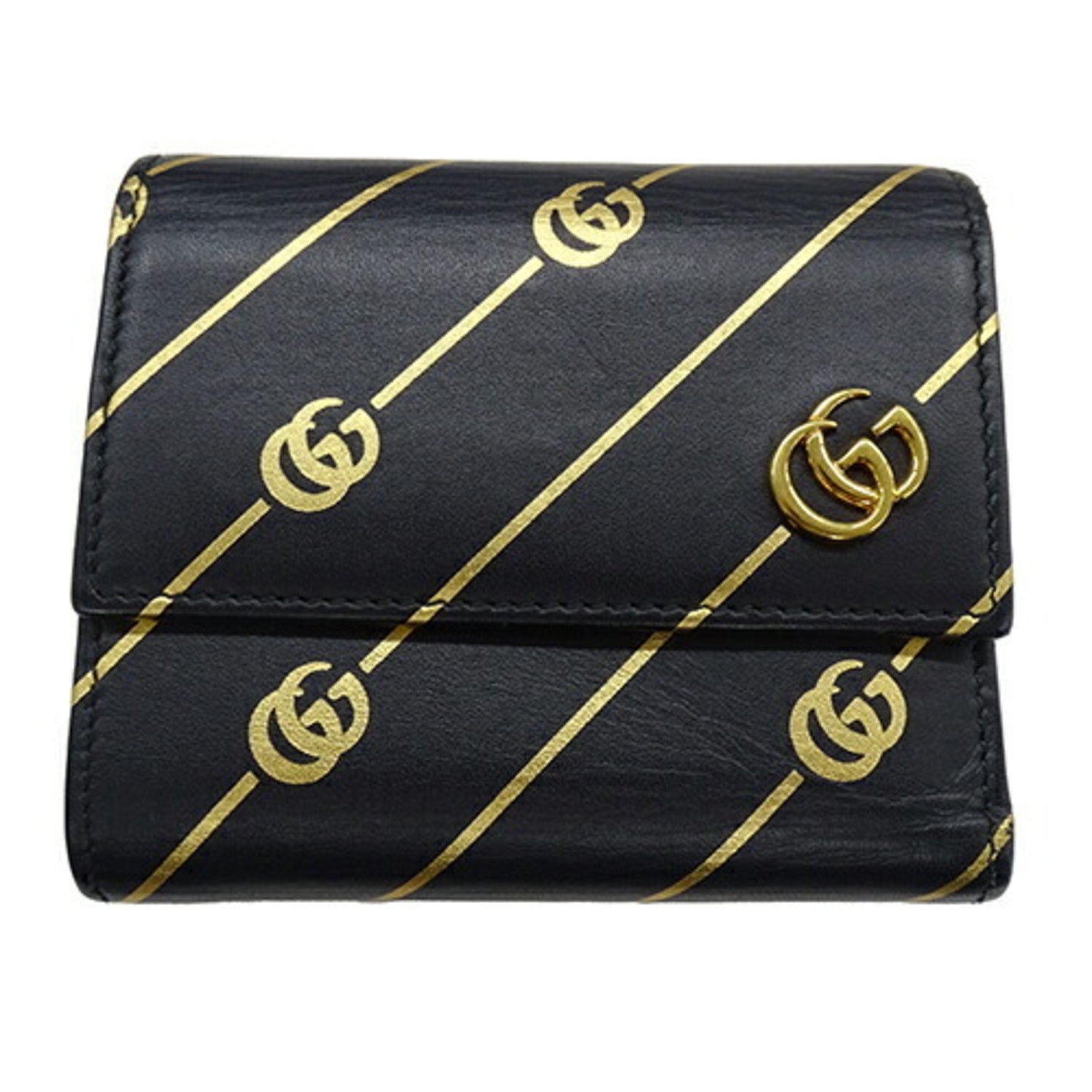 GUCCI Wallet and Men, Tri-fold Wallet, GG Marmont Leather, Black Gold