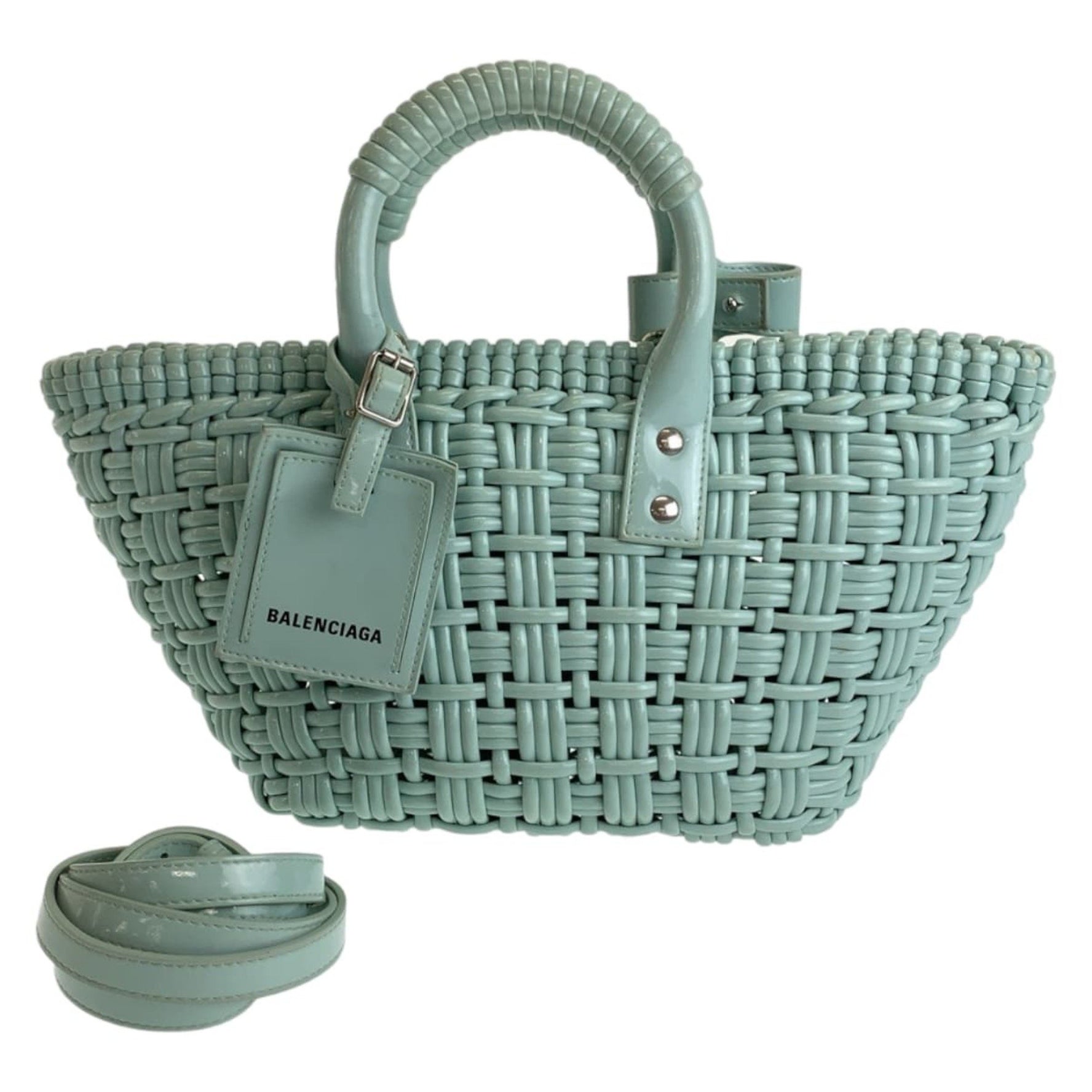 BALENCIAGA Enamel Basket Bistro XS, mint with silver hardware, enamel, This handbag/tote bag is perfect .