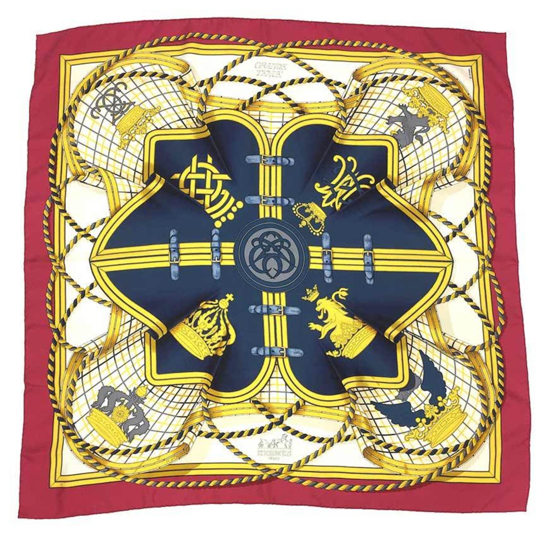 HERMES Scarf Muffler Carre 90 GRANDE TENUE Horse Formal Wear 100% Silk Bordeaux x Ivory