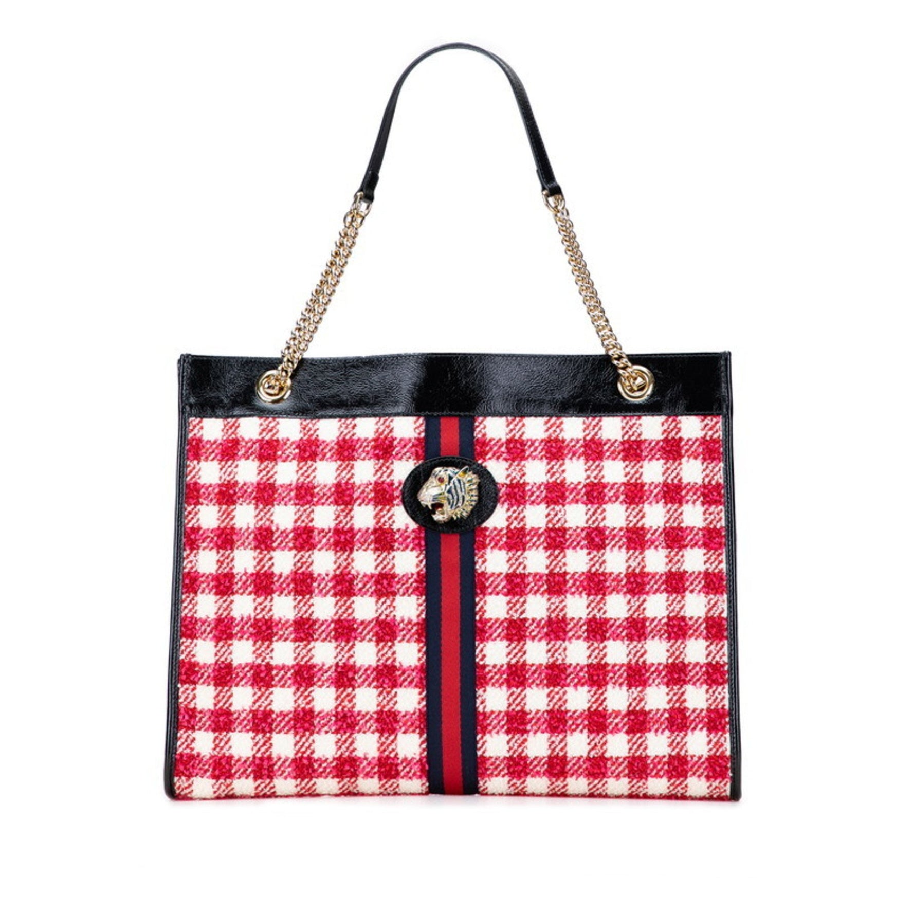 Gucci Sherry Line Daiger Head Rajah Chain Tote Bag/Shoulder Bag in Red, Ivory, and Black Tweed Leather.