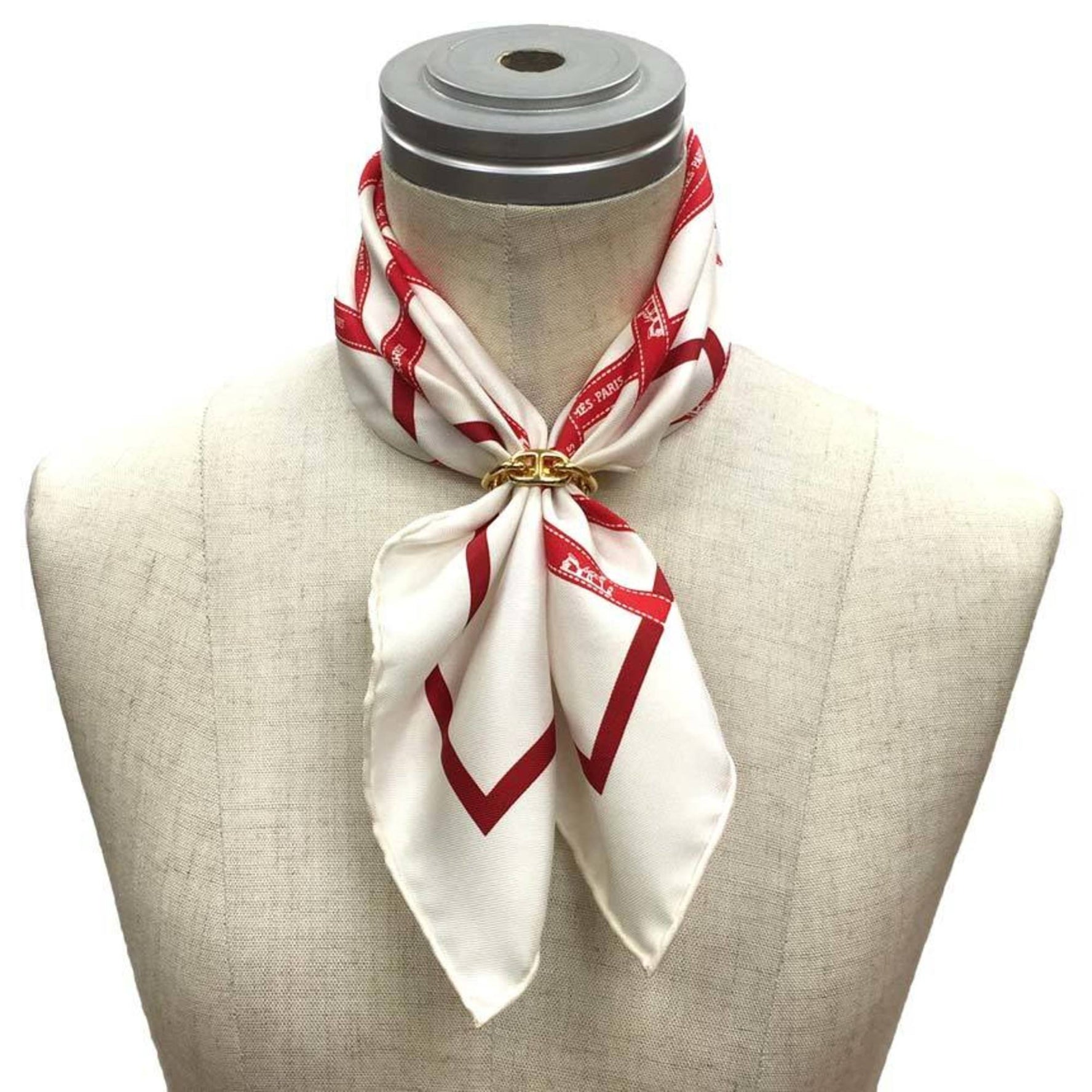 HERMES Carre 45 Scarf Muffler Bolduc au Borduc Ribbon Pattern Ivory x Red 100% Silk