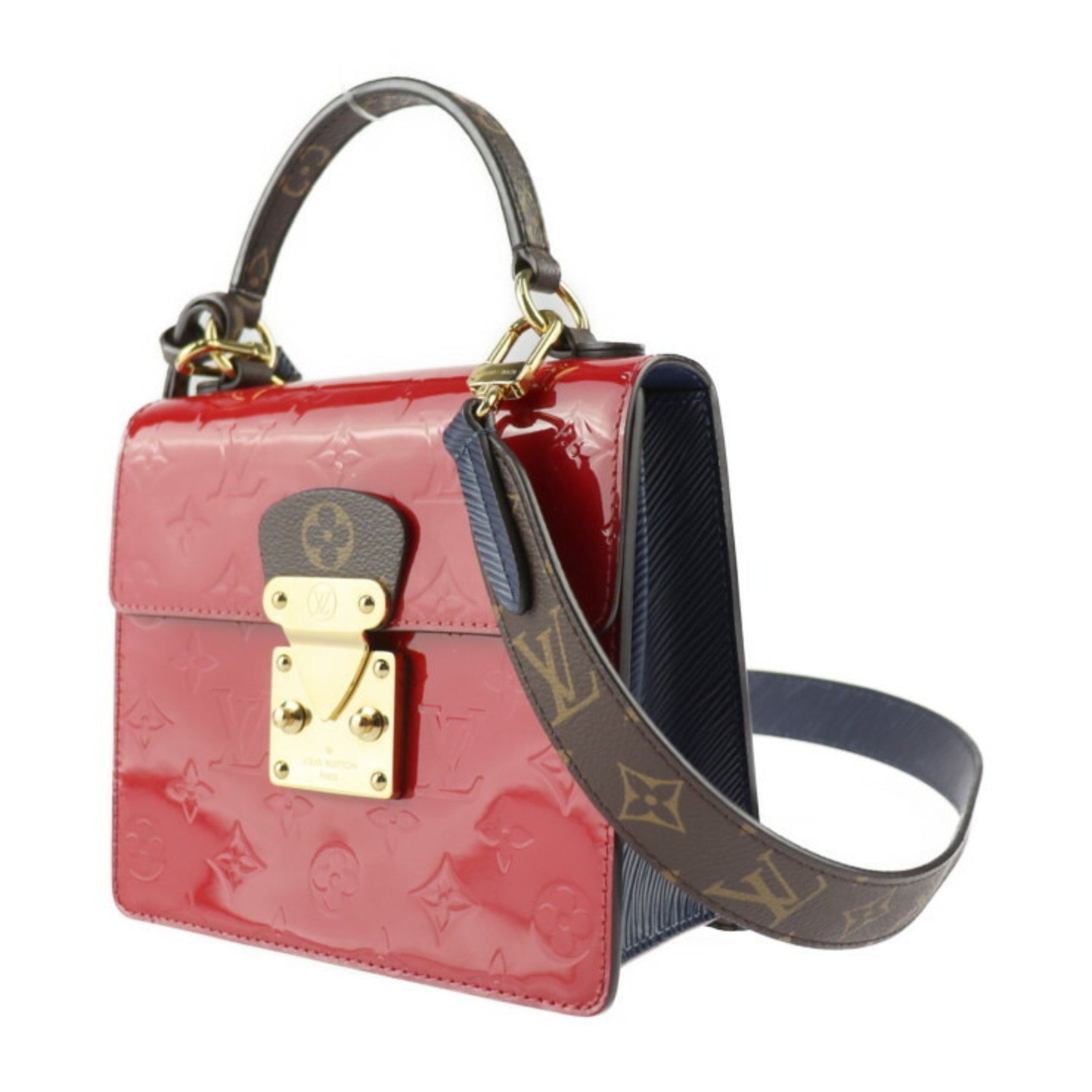 Louis Vuitton Spring Street PM Handbag Vernis x Epi Monogram Canvas Scarlet Blue Brown Gold Hardware Shoulder Bag