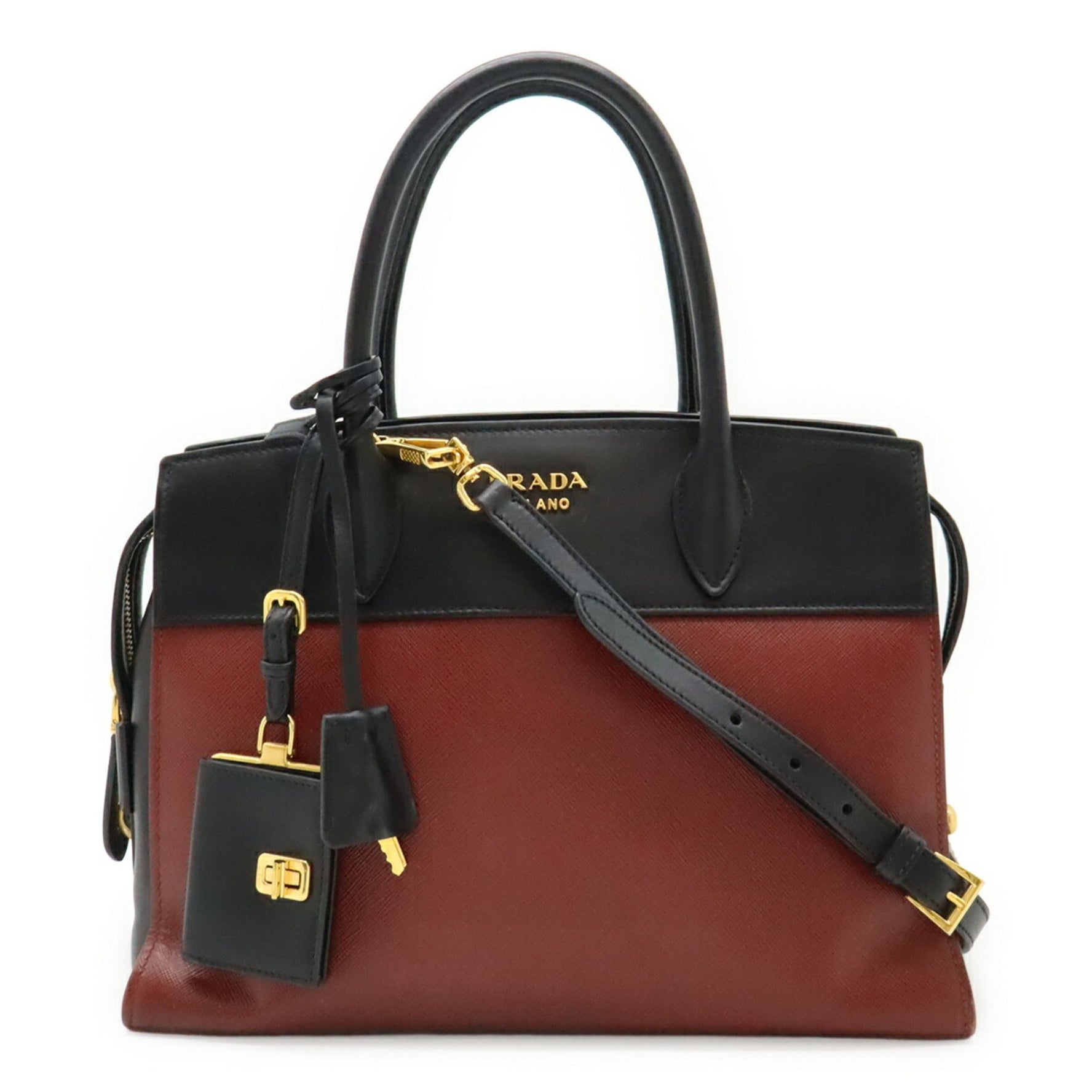 PRADA Esplanade Handbag/Shoulder Bag, Leather, Nero, Black/Bordeaux, Purchased at an Overseas Boutique