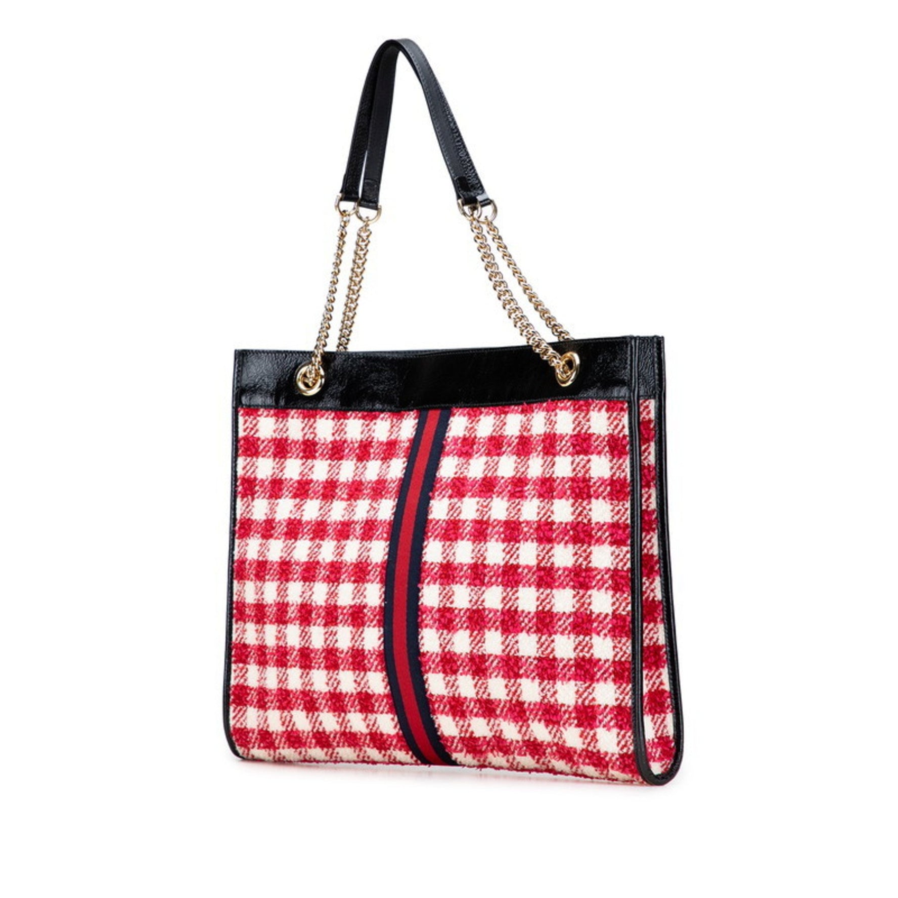 Gucci Sherry Line Daiger Head Rajah Chain Tote Bag/Shoulder Bag in Red, Ivory, and Black Tweed Leather.