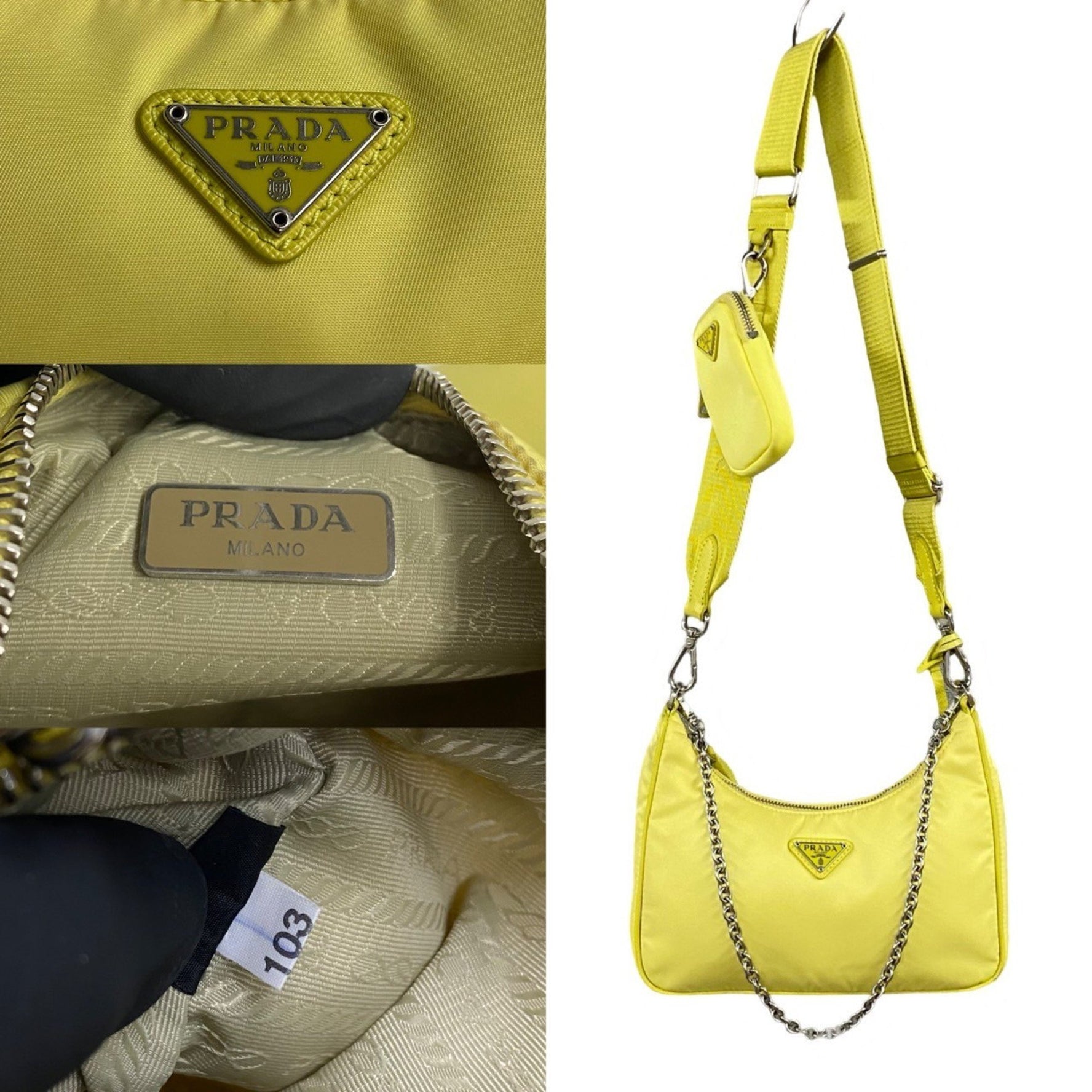 PRADA Re-Edition Triangle Logo Metal Hardware Nylon Saffiano Leather Chain Shoulder Bag 919-3