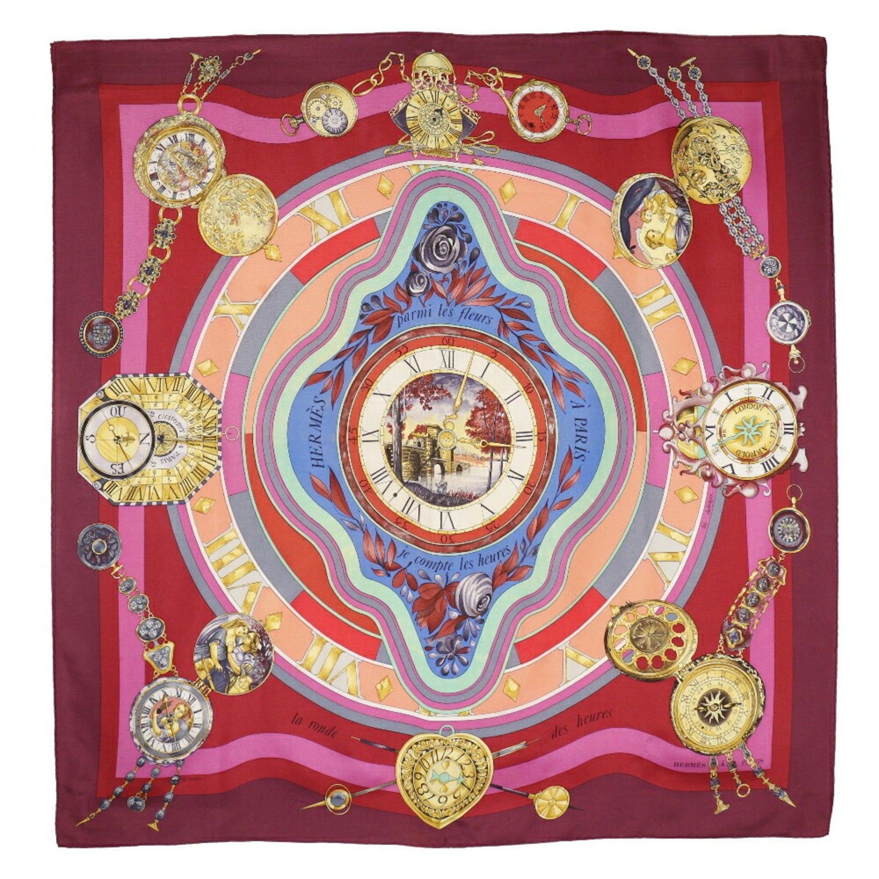 HERMES Carre 90 scarf parmi les fleurs je compte heures time spent in flowers silk red ladies