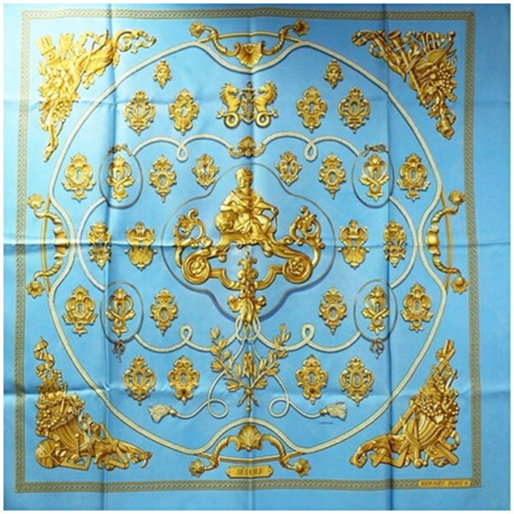 Hermes Scarf Muffler Carre 90 SESAME Sky Blue x Gold