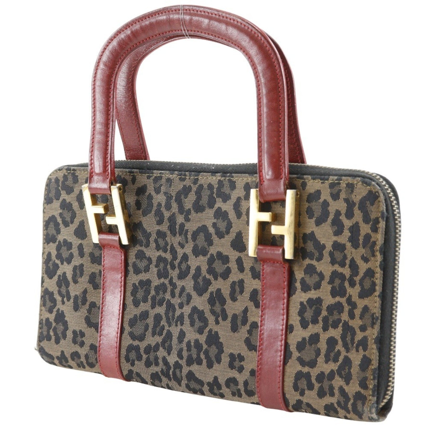 FENDI Wallet bag Handbag Leopard print Nylon canvas Brown/Red